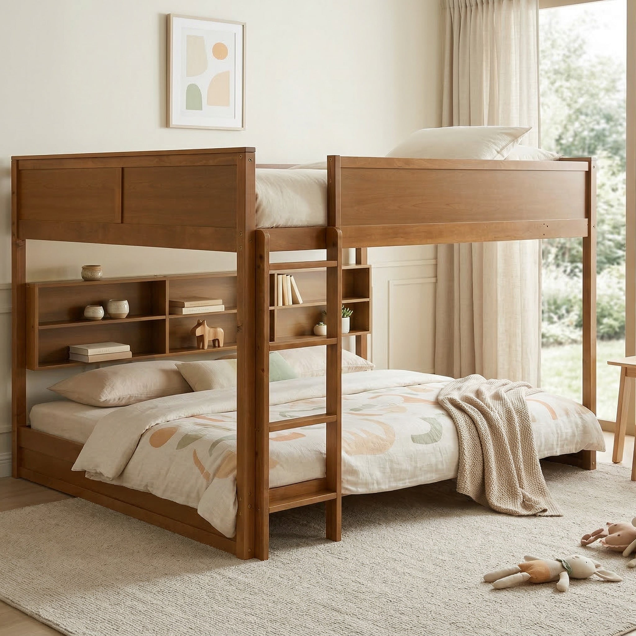 Vecelo Queen Over Queen Bunk Bed Built In Storage Shelves Solid Wood Brown Finish Space Saving Kids Teens Guest Room Bed Frame