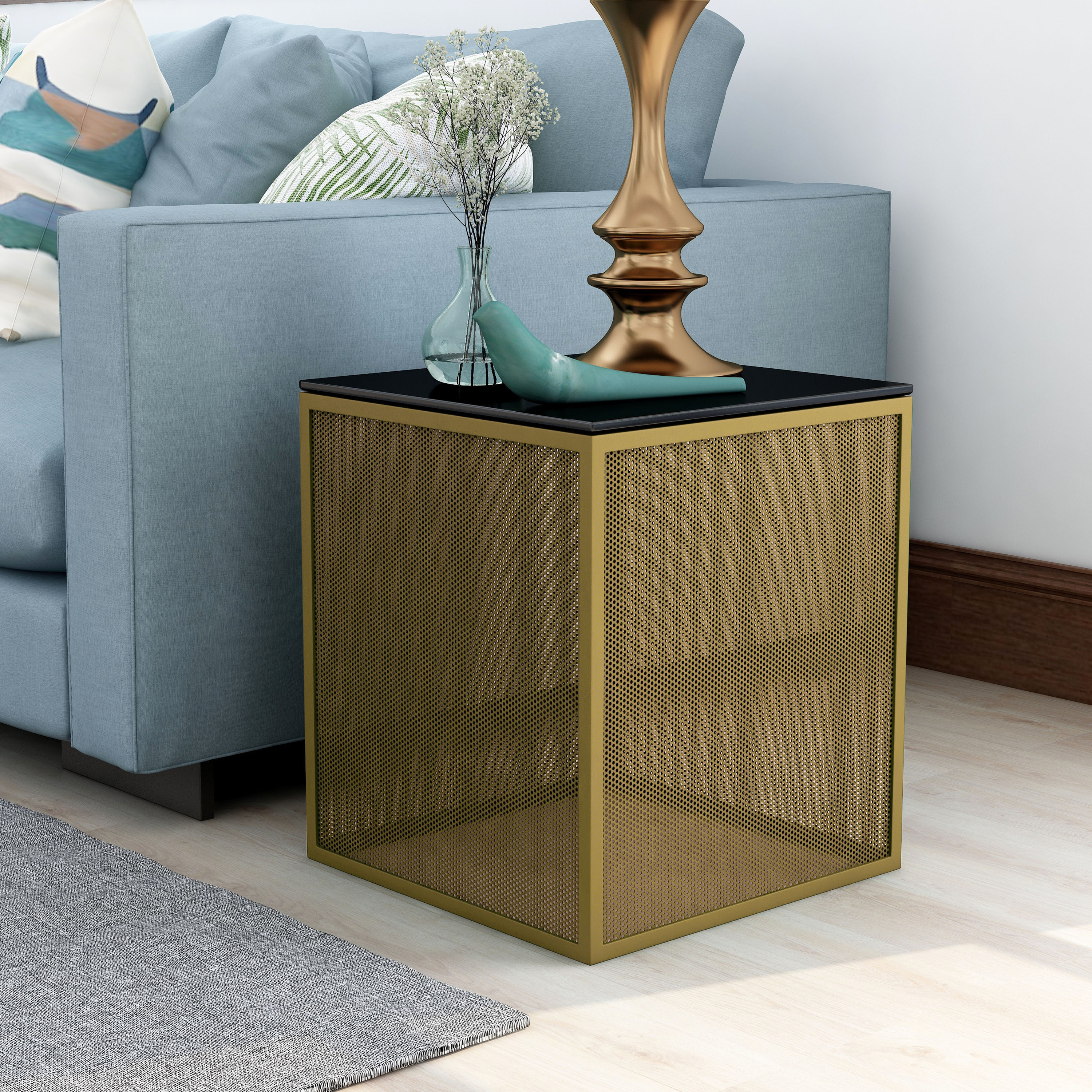 Furniture of America IDF-AC348GD Dessi 15.75-in W x 18.13-in H Gold and Black Glass Square Modern End Table Assembly Required