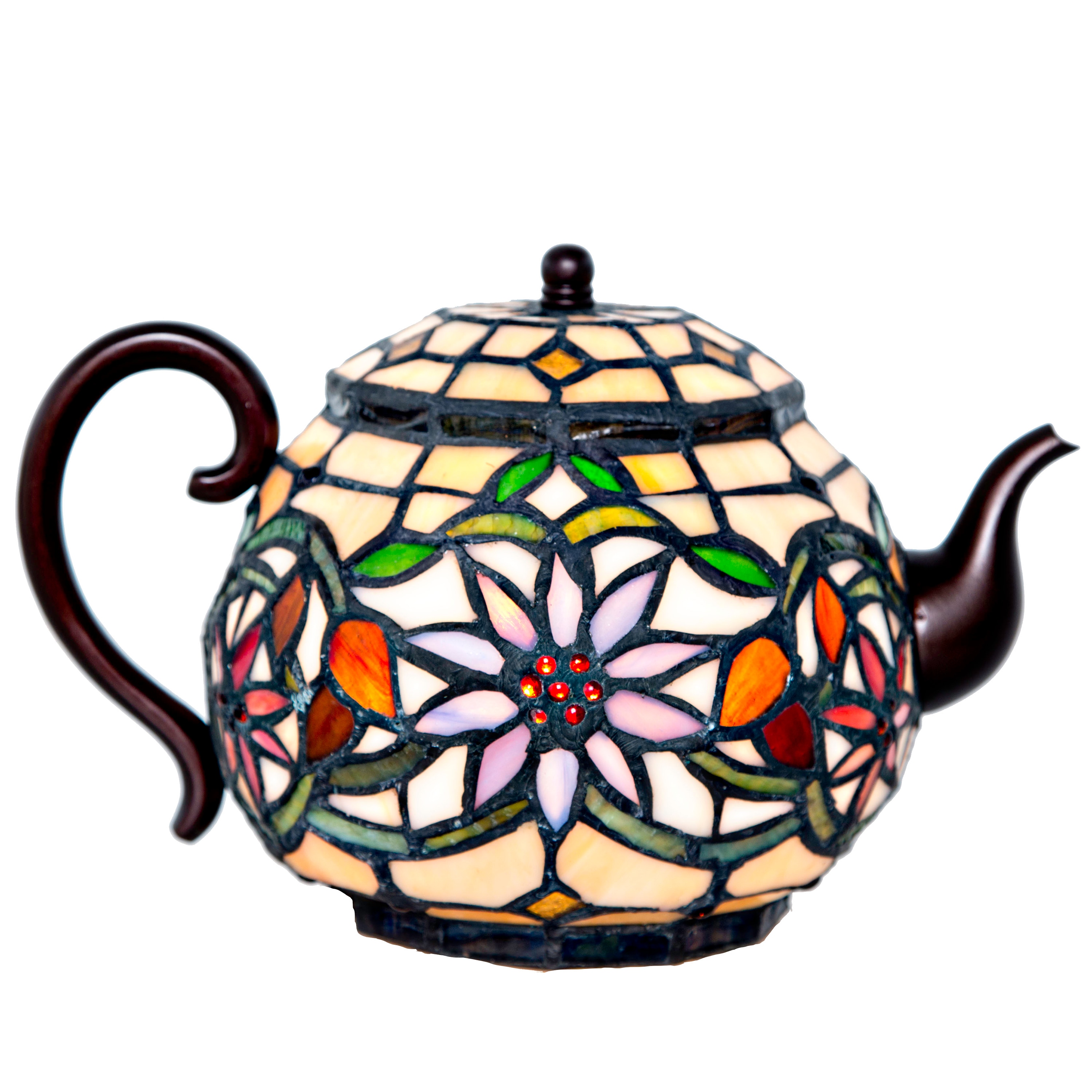 River of Goods English Garden Teapot 6.5-in Multi Color Stained Glass, Oil Rubbed Bronze LED Table Lamp with Glass Shade