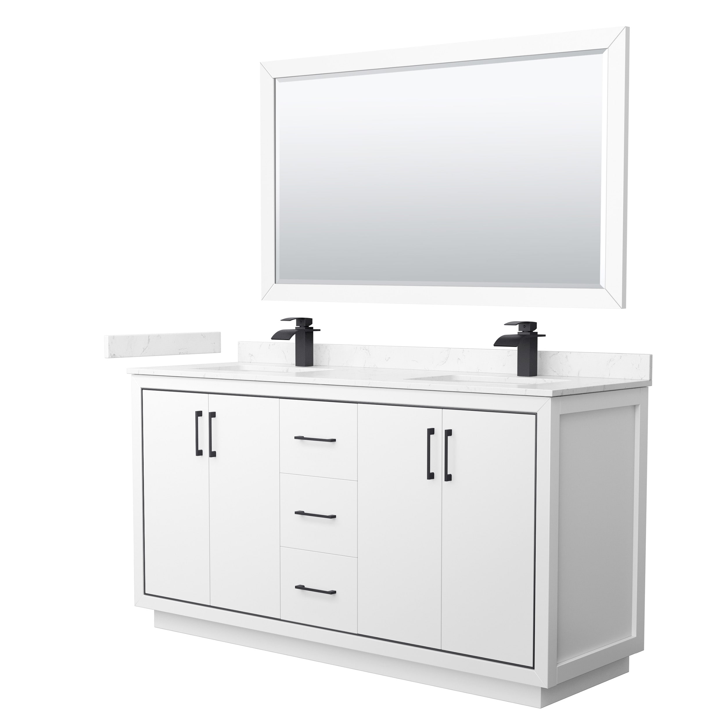 Wyndham Collection WCF111166DWBC2UNSM58 Icon 66-in White with Matte Black Trim Undermount Double sink Bathroom Vanity with Carrara cultured marble Cultured marble Top (Mirror Included)
