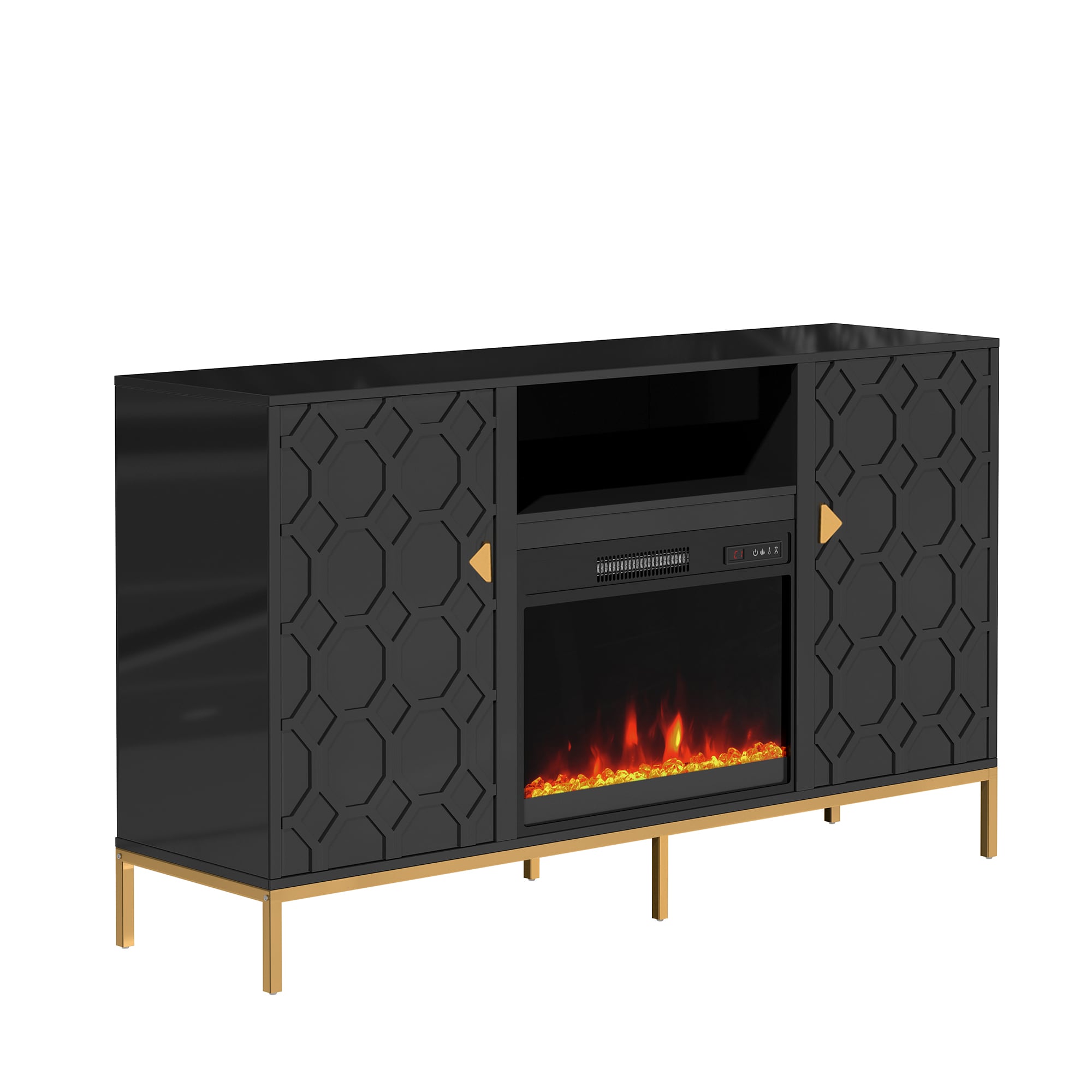 Clihome CL-JH0523-BK 59.5-Inches W Black TV Stand with Fan-forced Flat wall Electric Fireplace with Remote Control Included