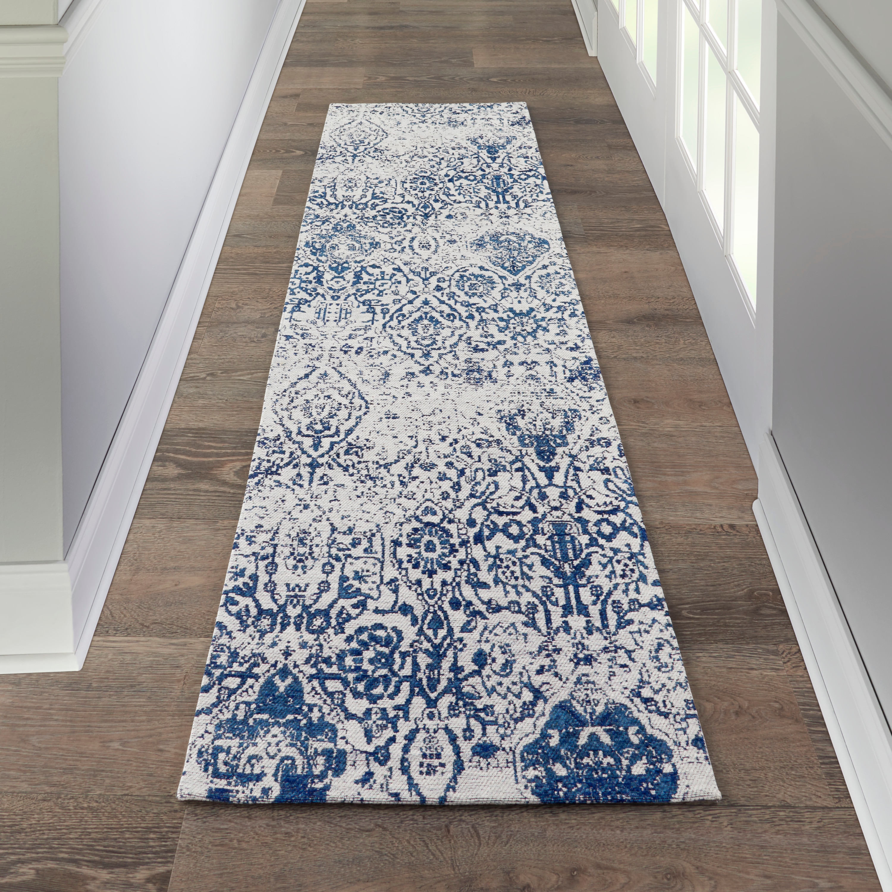 Nourison 99446381767 Damask 2 x 8 (ft) Loomed Polyester Ivory/Navy Irregular Indoor Abstract Moroccan Area rug