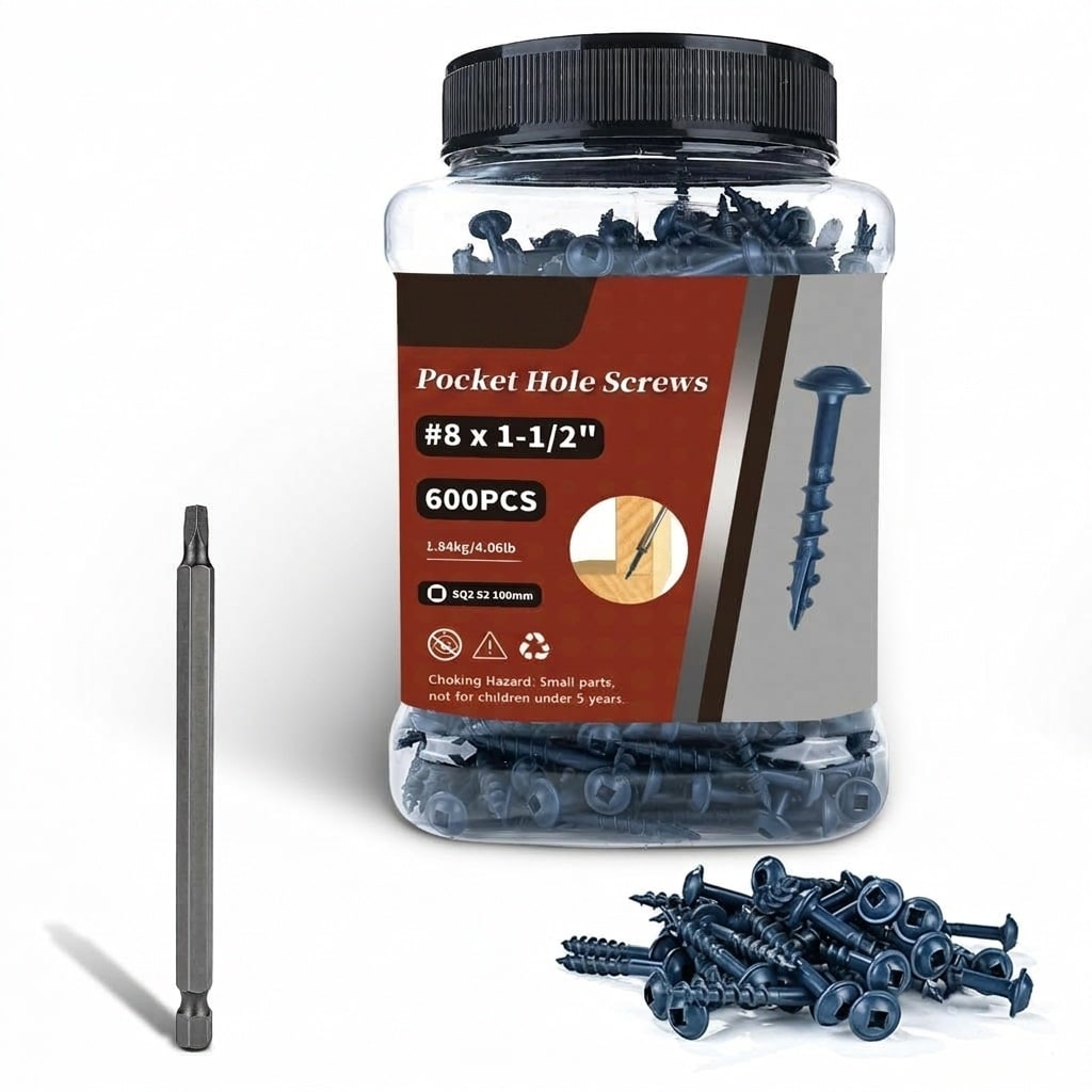 Etokfoks  600 Pcs 8 x 1 1 2 in Carbon Steel Pocket Hole Screws Blue Coat with Square Drive Bit