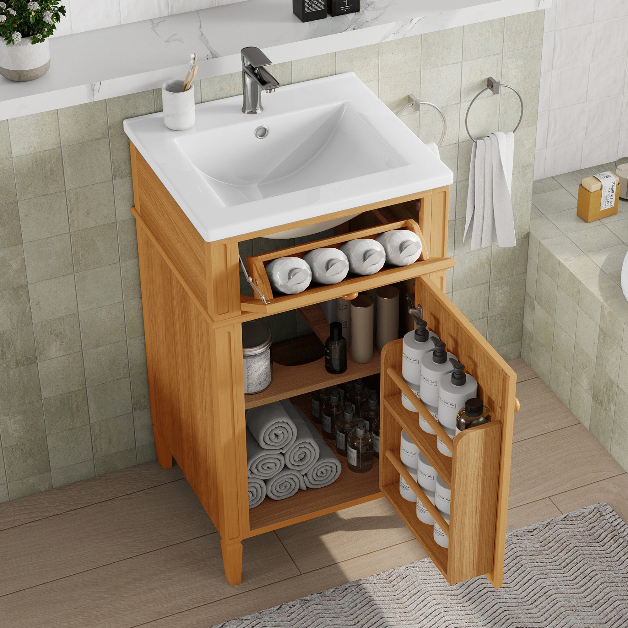 LOVMOR SF-J-N725P350823N 20-Inch Wood Bathroom Vanity with Sink Solid Wood Legs Adjustable Shelf Tilt-Out Drawer Wood Knobs Modern Freestanding Cabinet for Small Bathroom