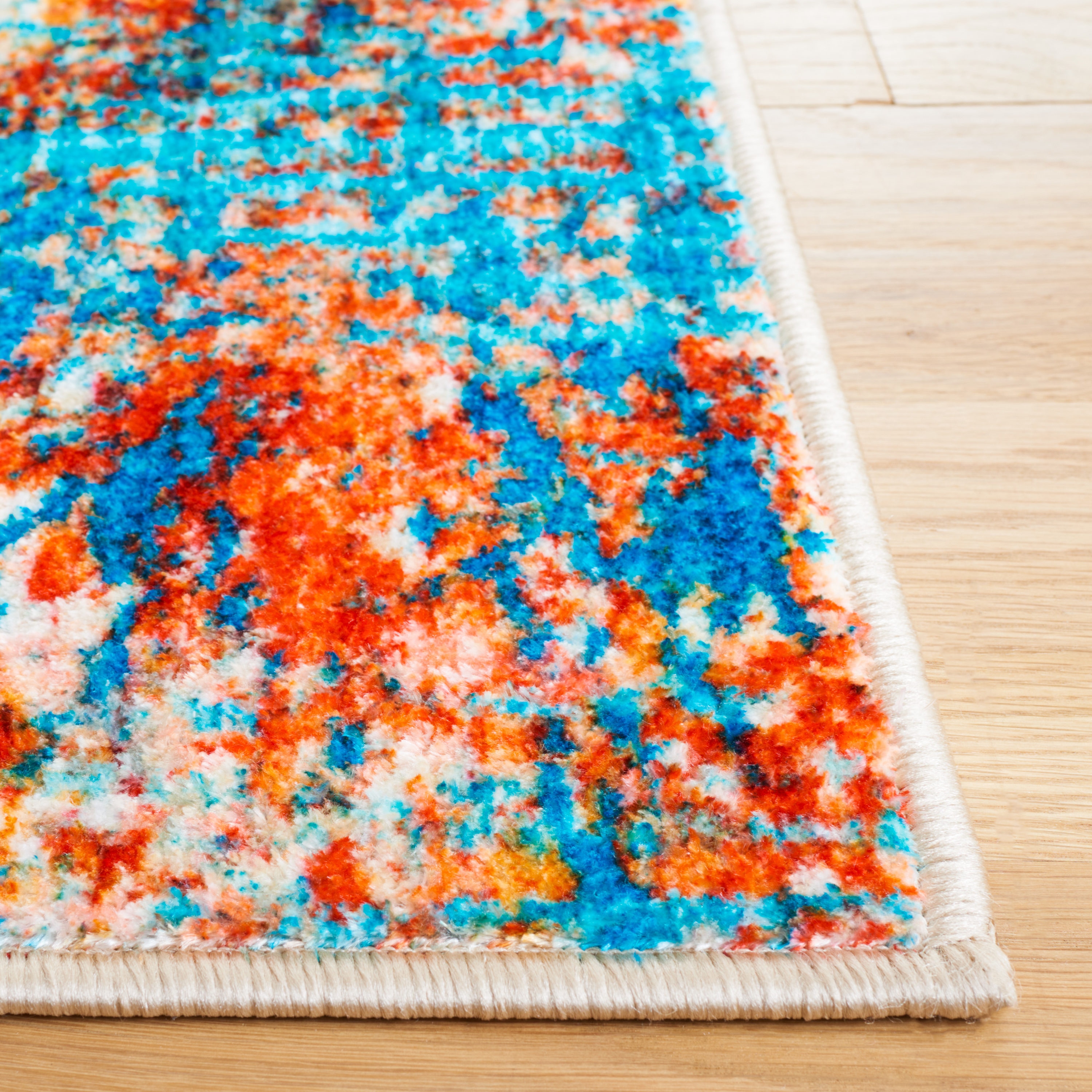 Red and Light Blue Round Washable Synthetic Area Rug