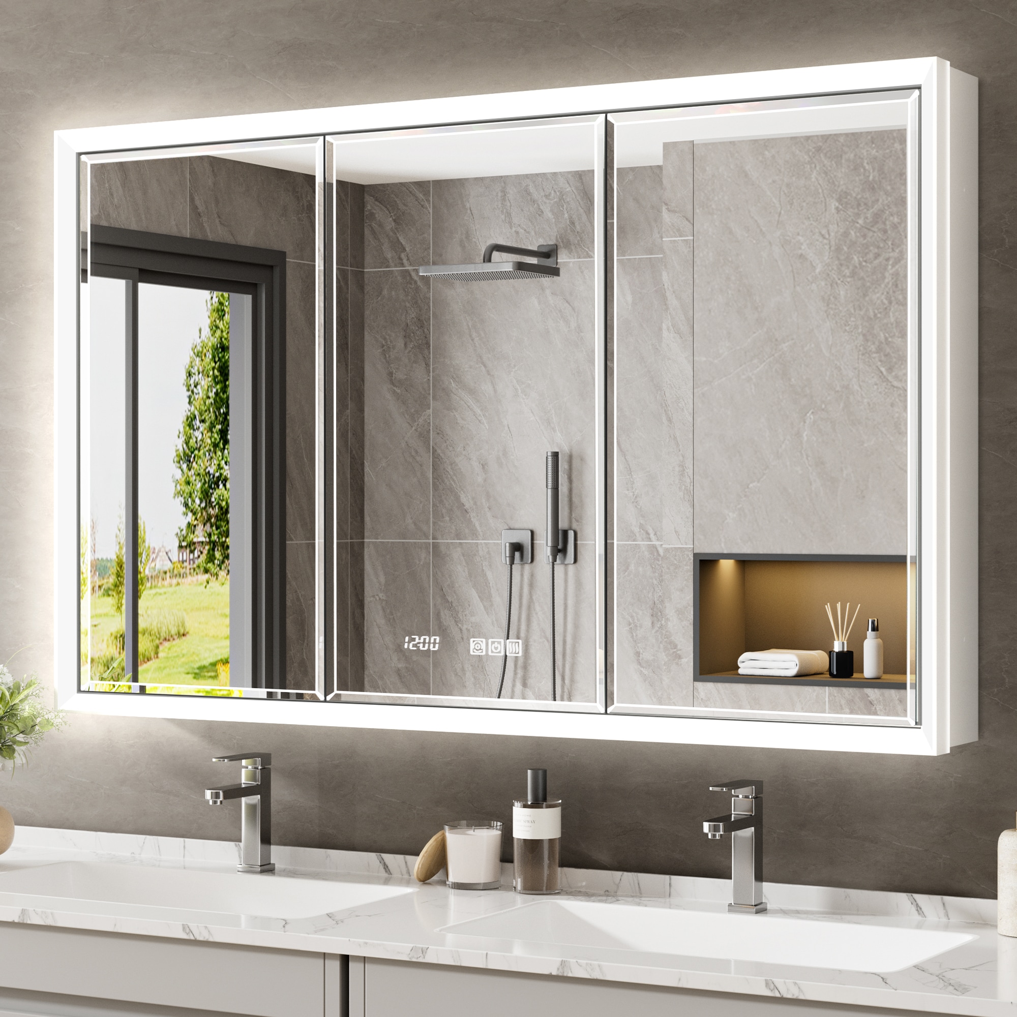 QueenFun - Lighted Medicine Cabinet 48-in x 30-in Lighted LED Fog Free Surface/Recessed Mount Sil...
