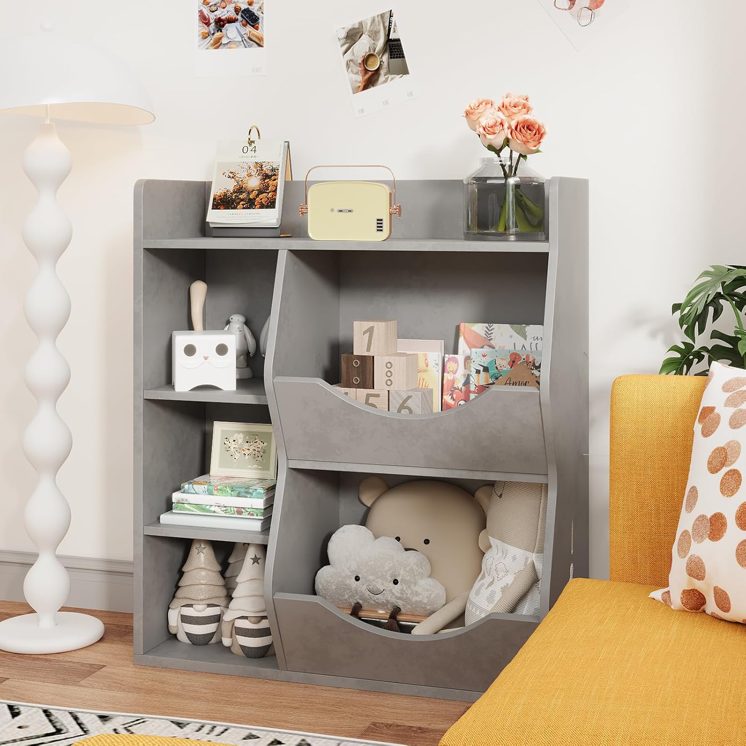 Qeetex DHZ-PHO-0Z5IR1T5 Kids 3 Tier Toy Storage Organizer Kids Bookshelf Double Side Gray 5 Compartment Bookshelf and Toy Shelf for Bedroom Living Room and Kindergarten