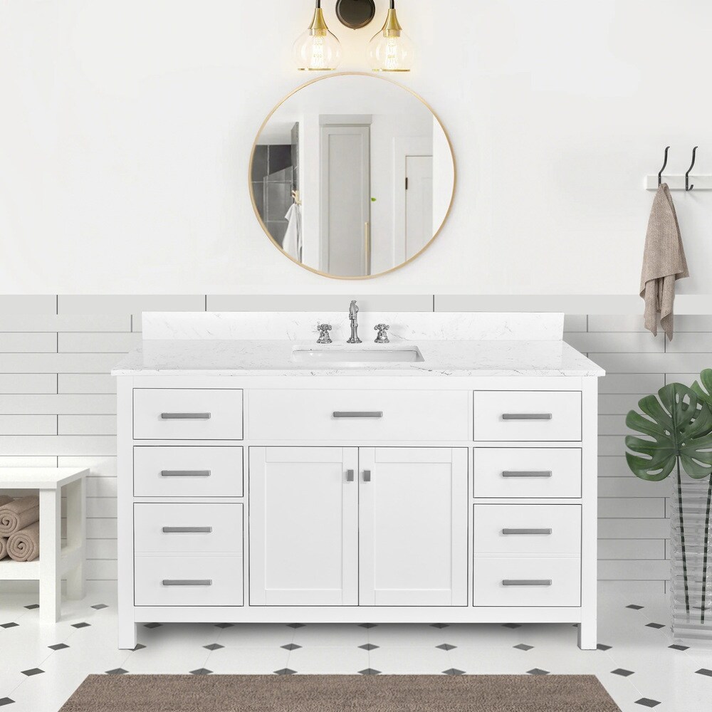Vanityfus Solid Wood Frame 60 in  Bathroom Vanity White Bathroom Cabinet Freestanding Vanity with Marble Top Single Sink