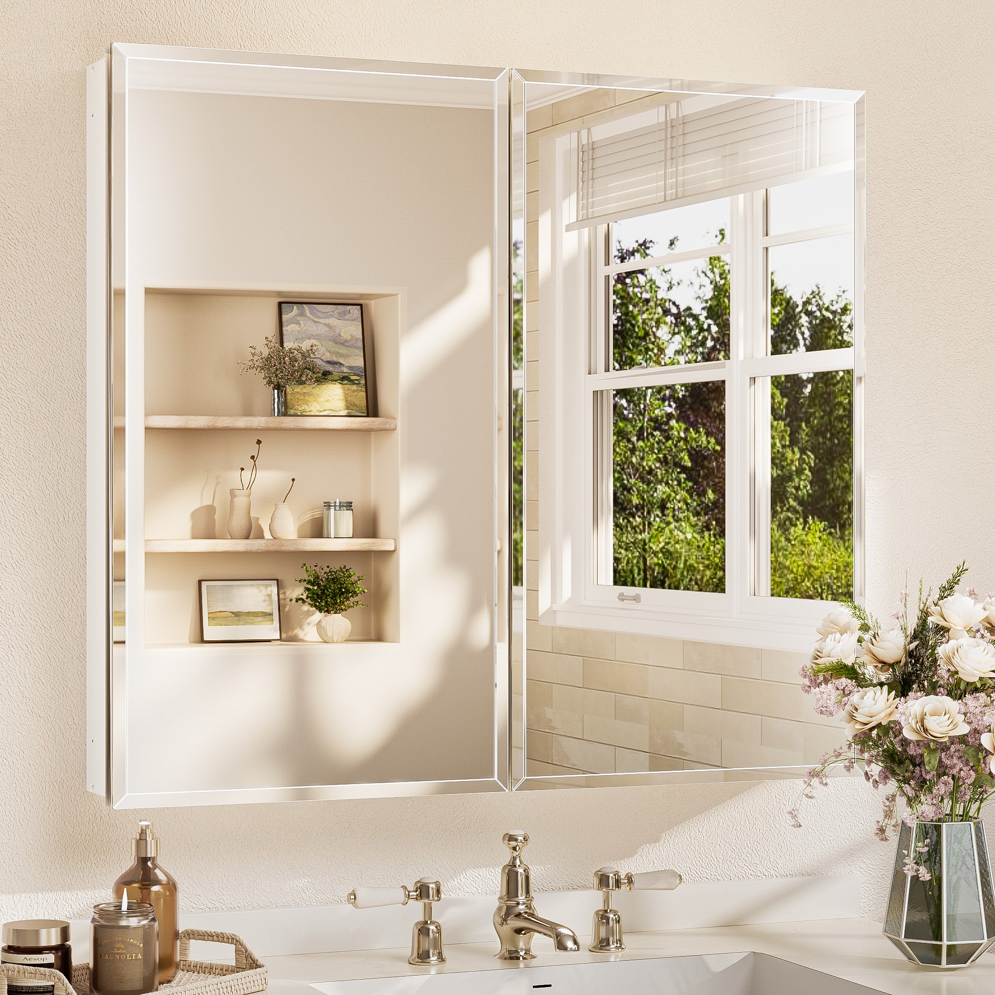 TETOTE 36 x 32 in White Frameless Surface/Recessed Aluminum Beveled Mirrored Rectangle Medicine Cabinet With Adjustable Shelves