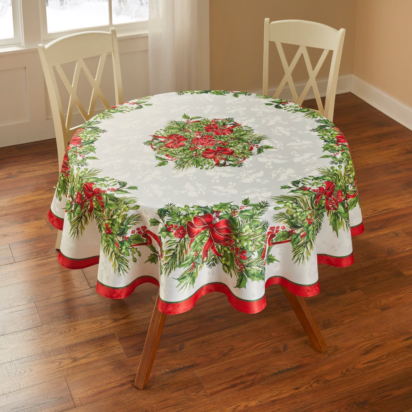 BrylaneHome Holly Ribbon Tablecloth 70-in Round #196438884197