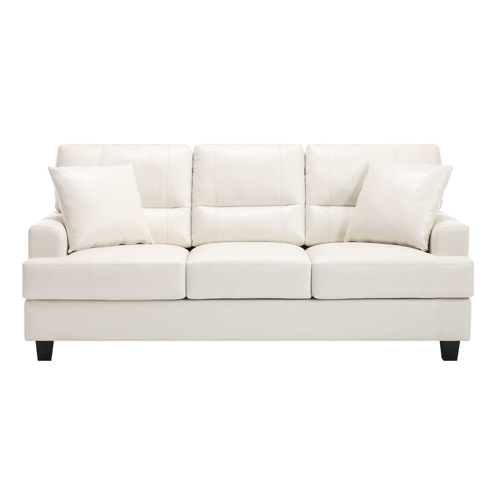 FARATI G401-WHITE-3 77.95' White Leather Couch, Mid Century Modern Sofa Faux Leather Couches, 3-Seats Large Vintage Pure Sofa Couch with 2 Throw Pillows for Living Room, Apartment, Office and More