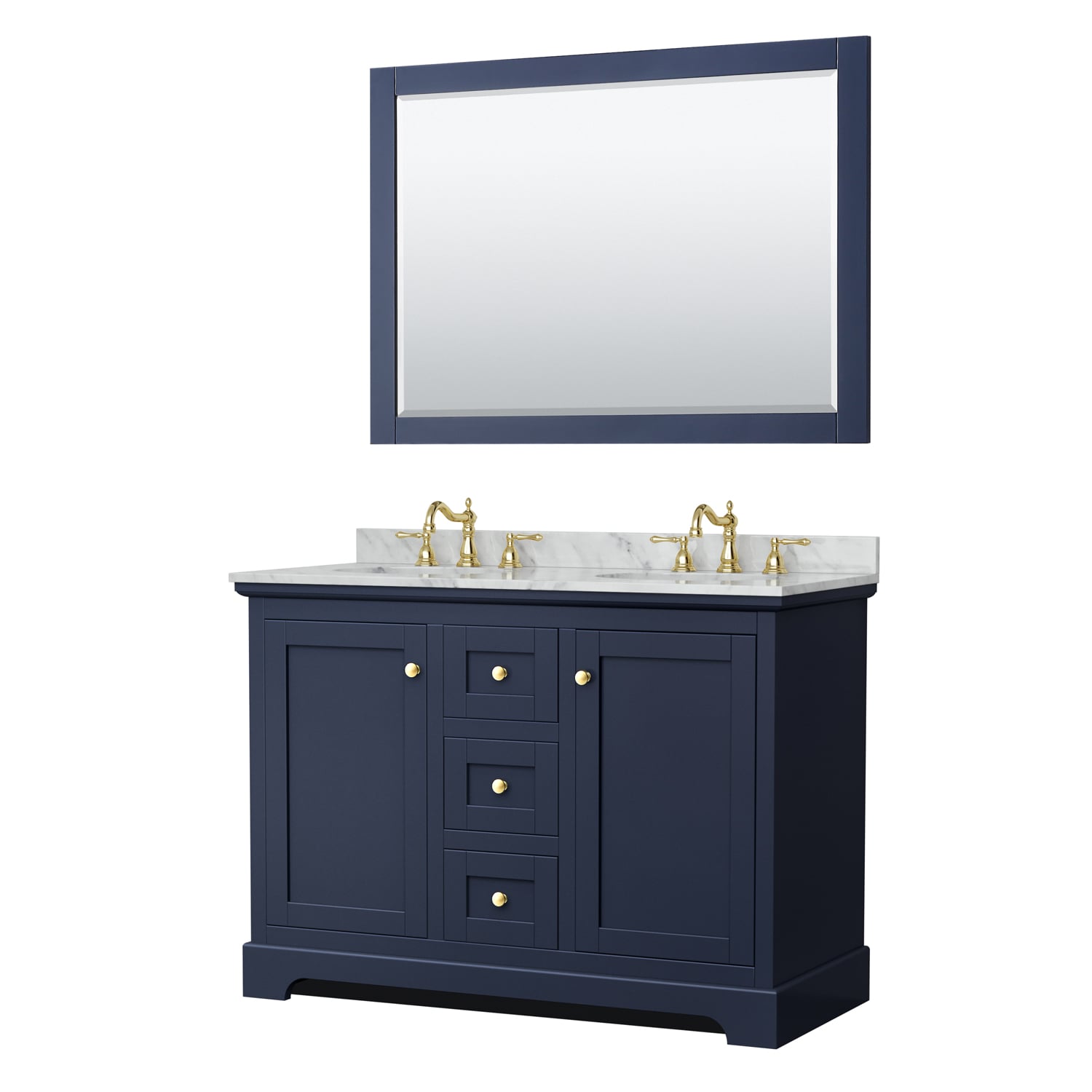 Wyndham Collection WCV232348DBLCMUNOM46 Avery 48-in Dark Blue with Brushed Gold Trim Undermount Double sink Bathroom Vanity with White Carrara Marble Marble Top (Mirror Included)
