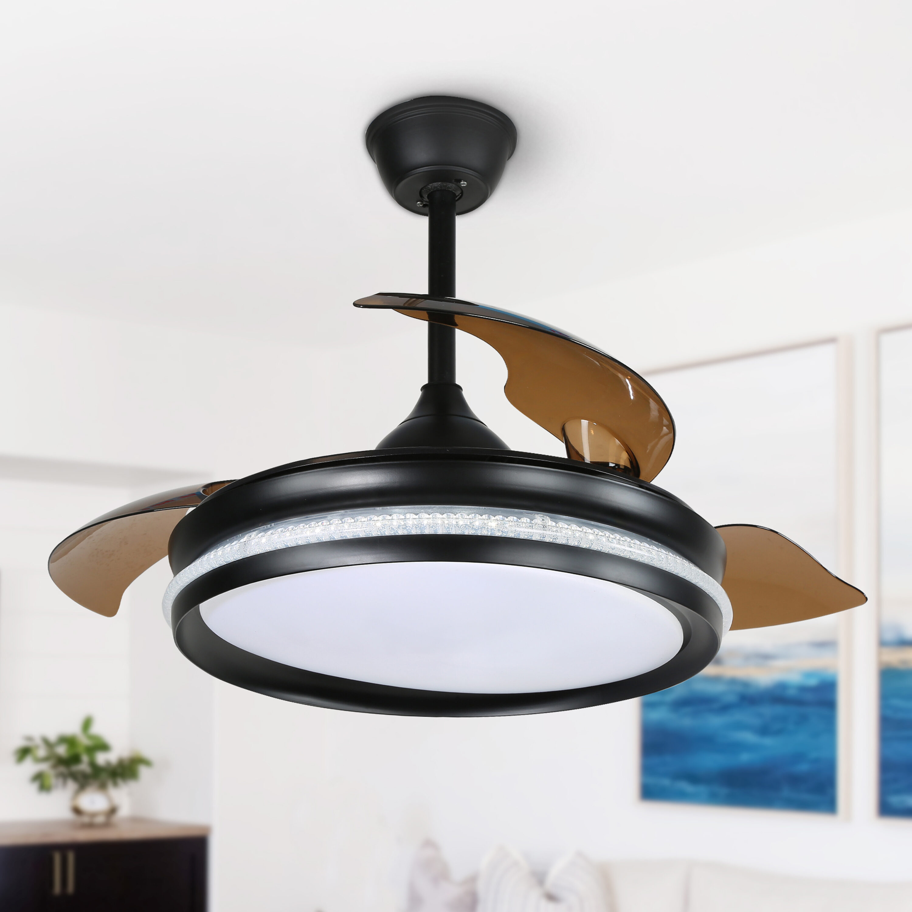Oaks Decor BD4251-B Melotta 42-in Color-Changing Integrated LED Outdoor Black with Clear Blades Fandelier Ceiling Fan With Light - Remote Included ( 3 -Blade )
