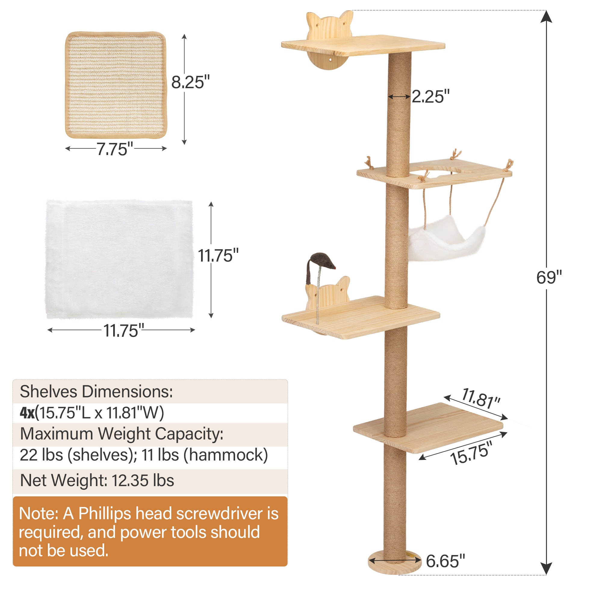 Natural Pinewood Wall-Mounted 4-Tier Cat Tree with Sisal Scratching Post