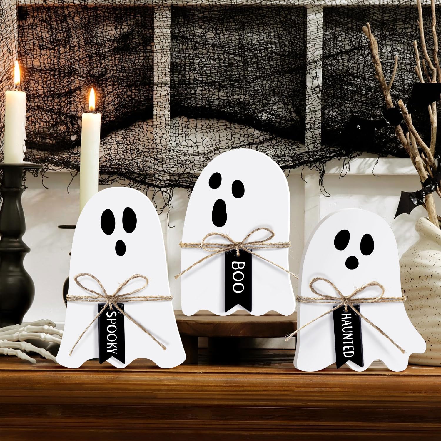 Phyfalip  Cute Ghost Halloween Wooden Signs Table Decor White Ghost Halloween Table Signs with Jute Rope Bows and Black Wooden Lettered Tags Set