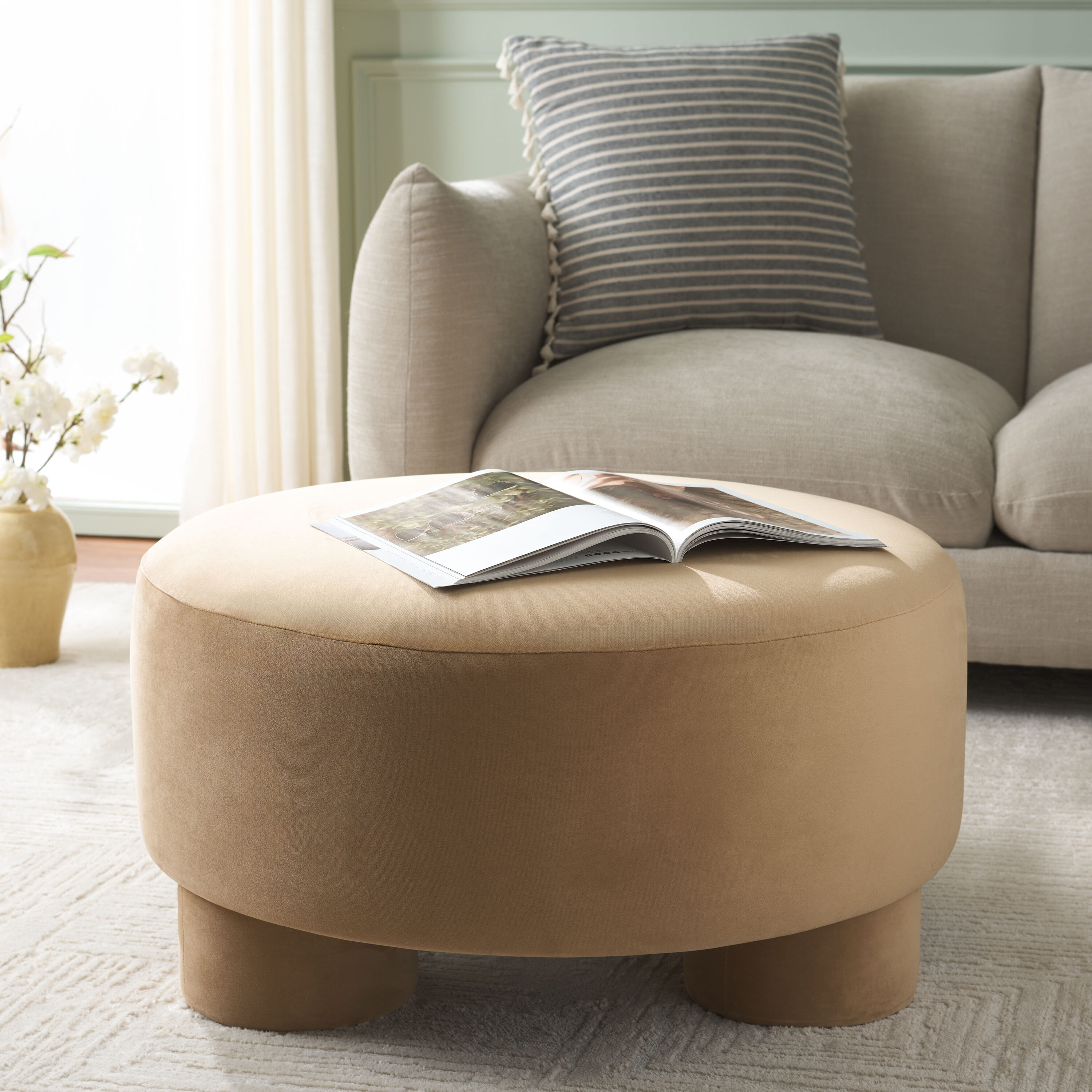 Safavieh Naref Modern Tan Velvet Round Ottoman