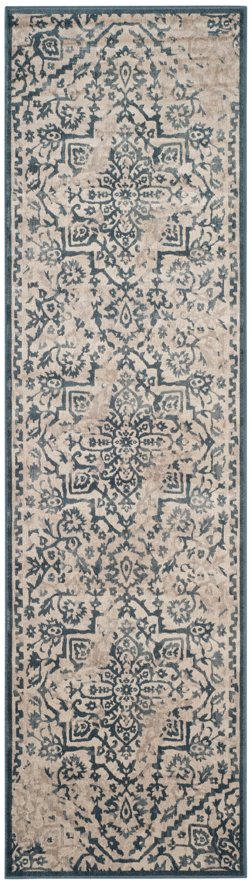 Reversible Blue and Cream Viscose Runner Rug 96" x 26"