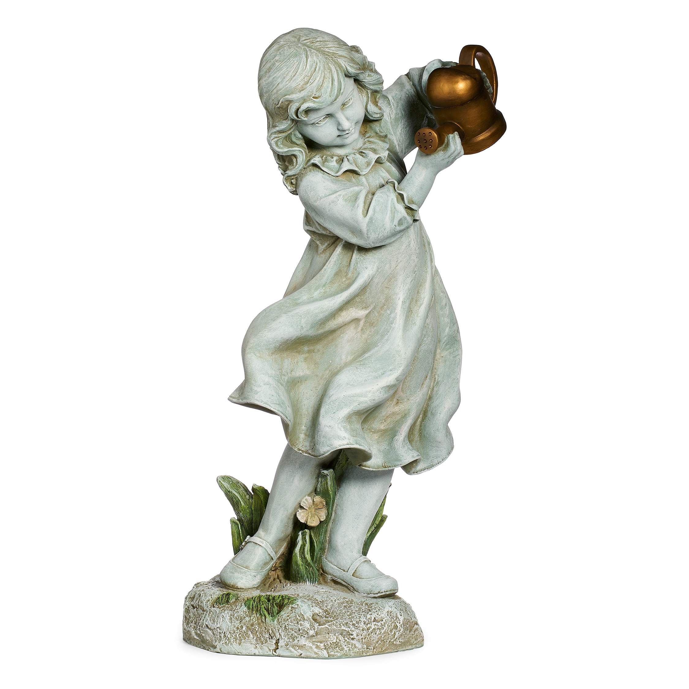 Gray Resin Girl with Bronze Watering Can Garden Statue