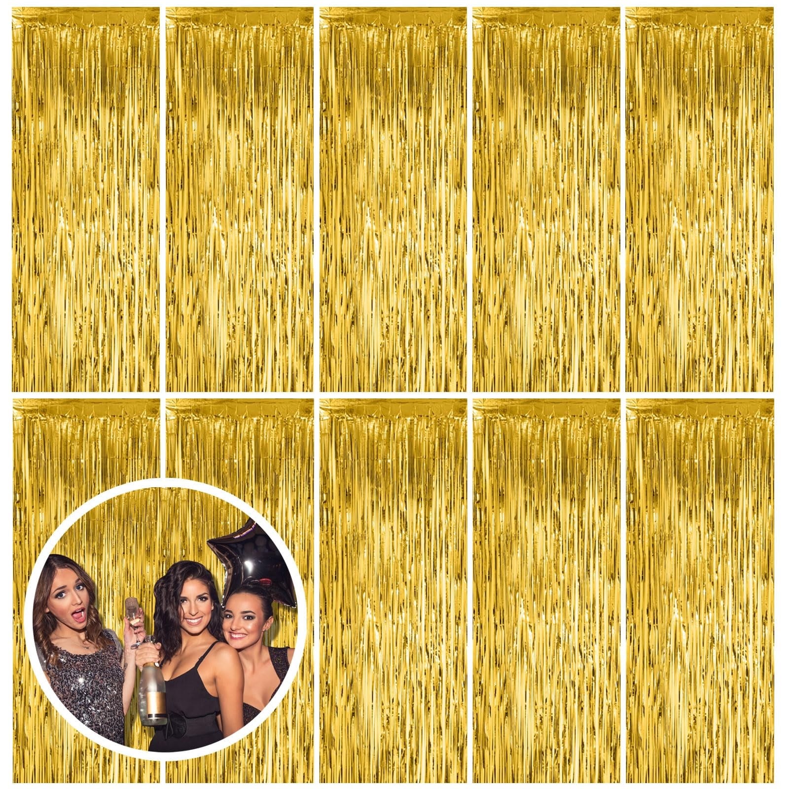Afoxsos  10 pack gold fringe curtain backdrop tinsel streamers party decorations for birthday graduation baby shower holiday photo booth wall