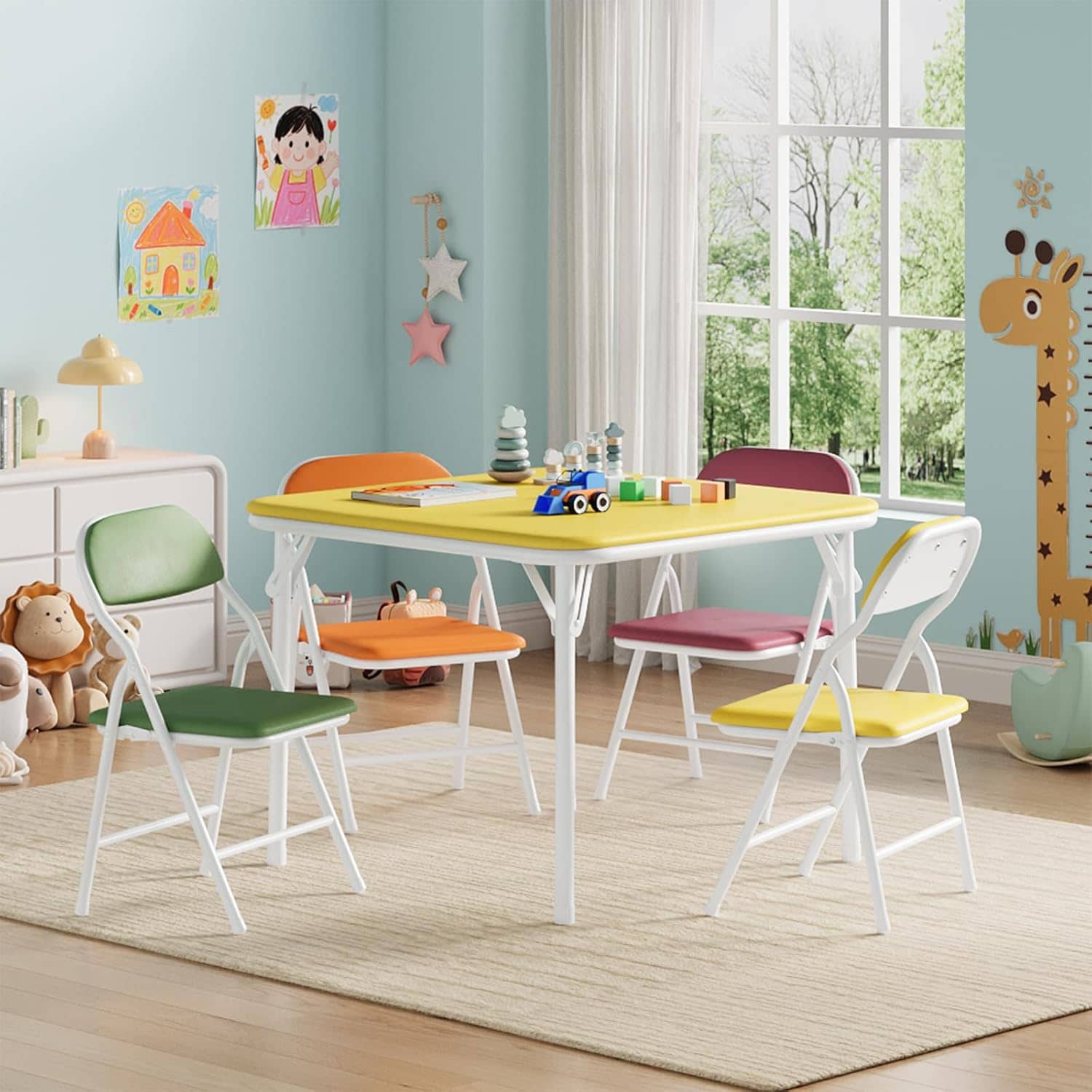 Qeetex LHF-KPT-B591708 5 Piece Boys Girls Folding Table and Chairs Set Activity Table and Chairs Set for Dining Room Daycare Classrooms