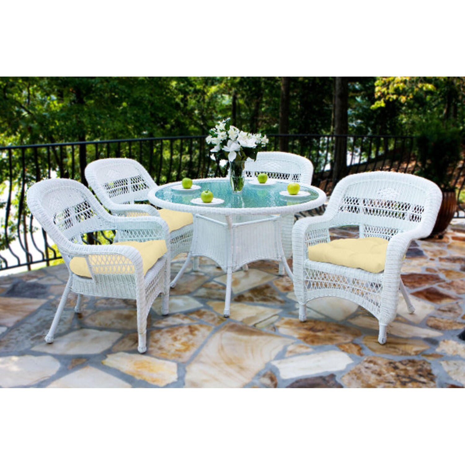 Tortuga Outdoor PSD-WHT  SAND Portside 5 -Piece Coastal White Wicker Patio Dining Set Resin Round Table with 4 Tan Cushions Stationary Chairs