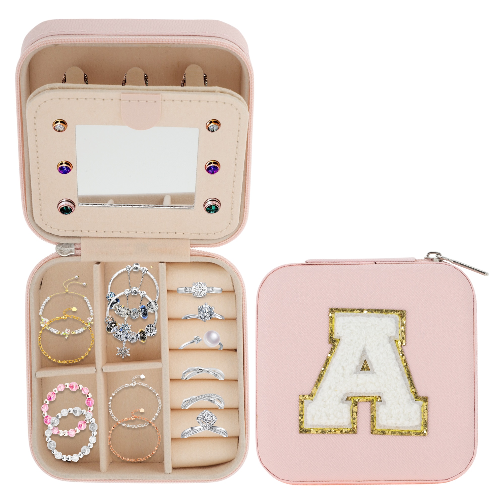 Unique Bargains Jewelry Box Jewelry Storage Box with Mirror Letter A Travel Jewelry Box Jewelry Organiser Box for Necklace Earrings Ring Pink