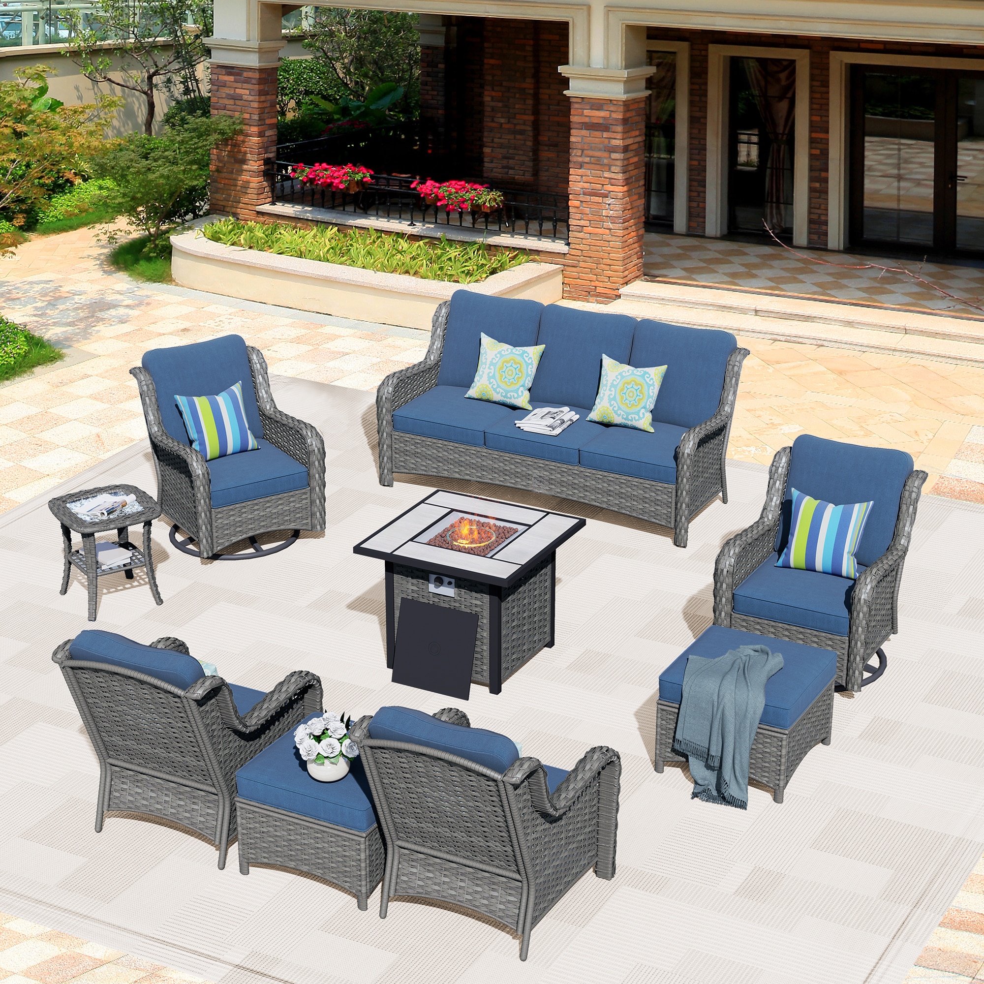 Pouuin SFPGNTC309 9 -Piece Wicker Patio Sofa Conversation Set with Blue Cushions