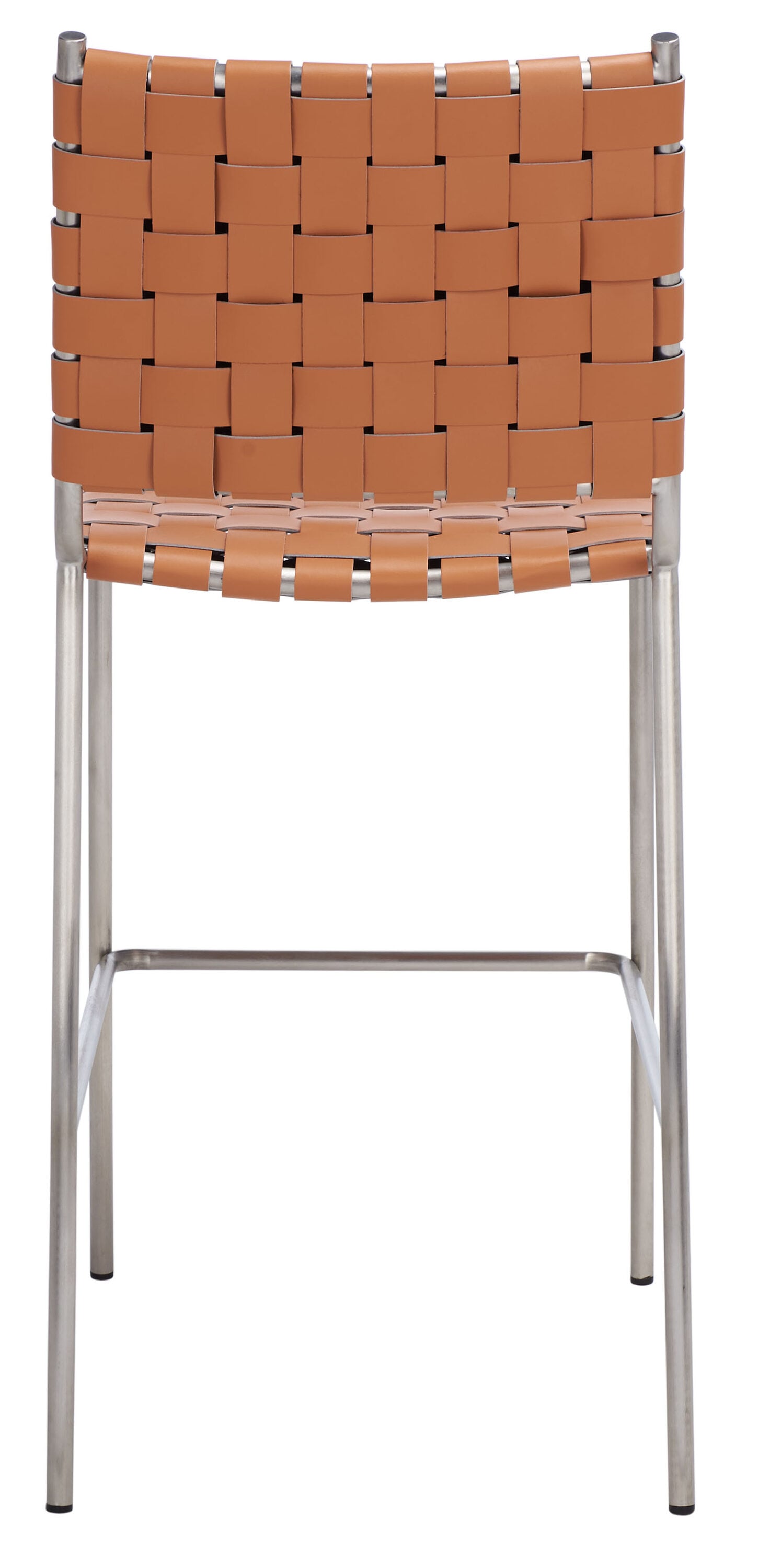 Cognac Leather and Silver Metal Saddle Counter Stool
