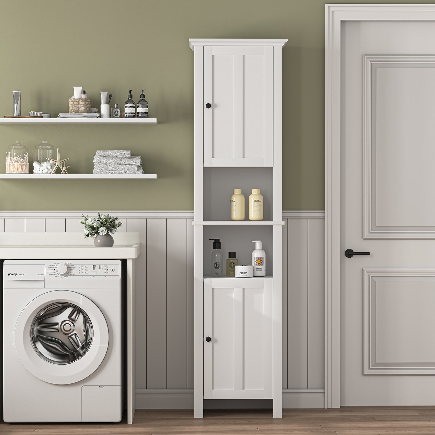 GZMR Bathroom Floor Storage Cabinet with 2 Doors 15.75-in W x 66.93-in H MDF White Freestanding Utility Storage Cabinet
