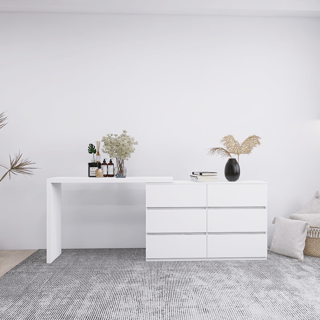 LOVMOR SF-R-W2139134917 Extended Desktop 6 Drawers Chest of Drawer without Handle White Color Vanity
