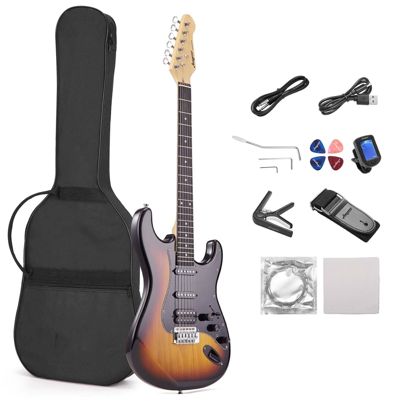 Qeetex PD-PEL-0RODEMQ0 39 Inch Electric Guitar Kit With Effects System-HSS Pickup-Starter Set With Accessories-Sunburst Finish