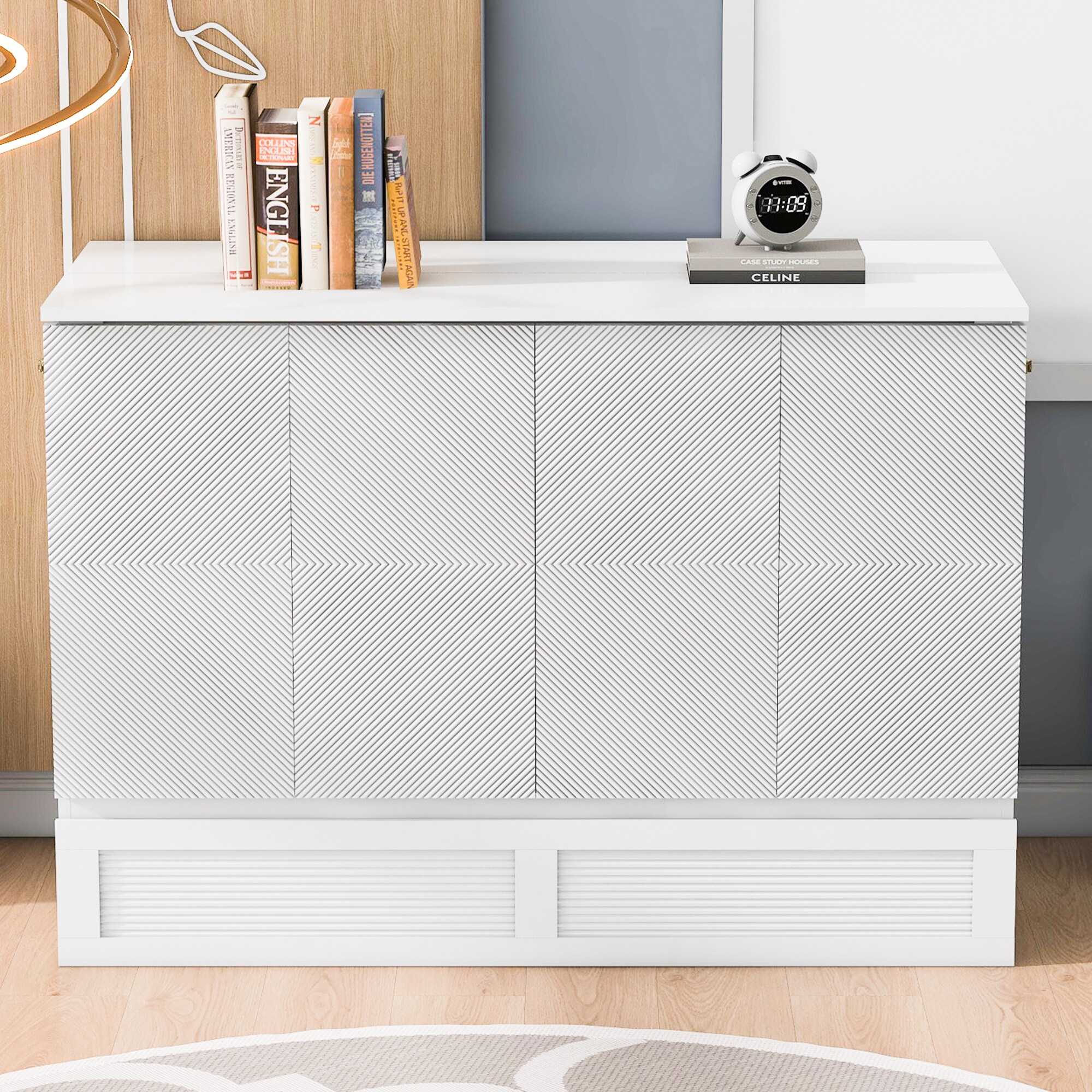 ModernLuxe LP000920AAK Full Size Murphy Bed  with drawer and a set of Sockets  USB Ports Modern Design White