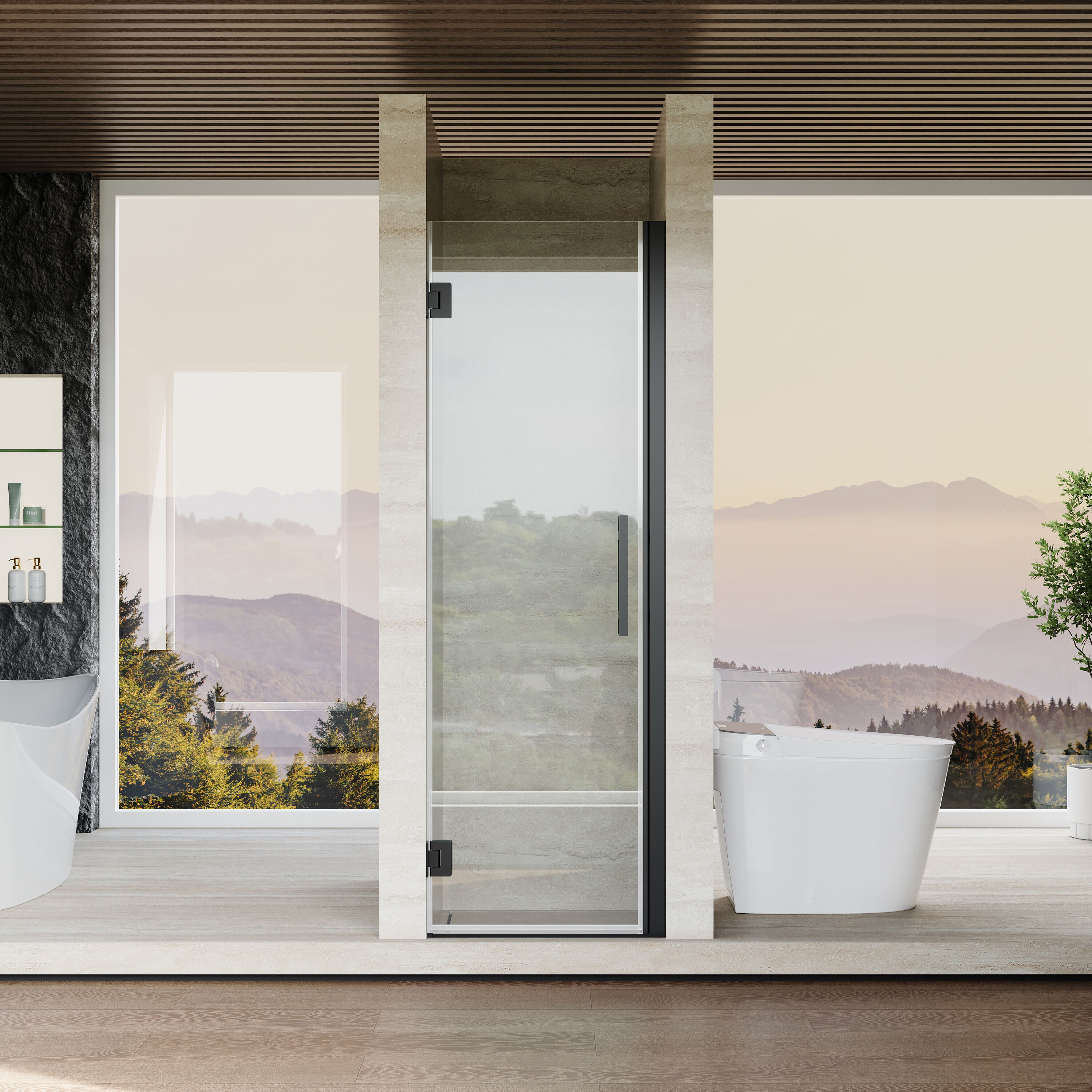 ANGELES HOME  23-in to-24-in W x 72-in H Frameless Hinged Shower Door with 3/8-in Clear Tempered Glass in Matte Black