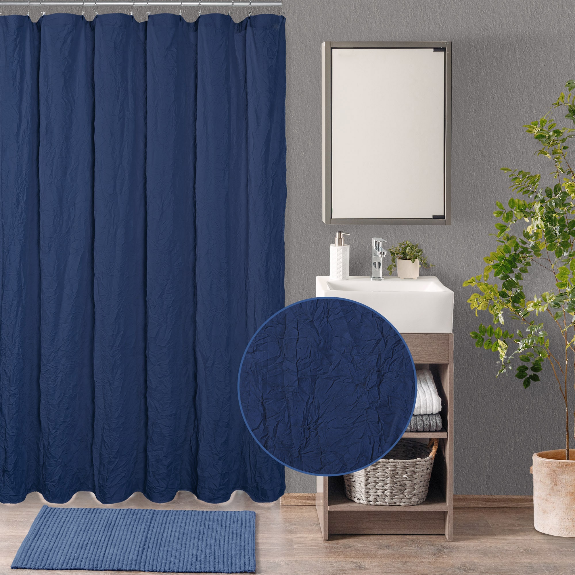 Awesome Home 72-in W x 72-in L Navy Crinkle Recycled Polyester Water Repellent Shower Curtain