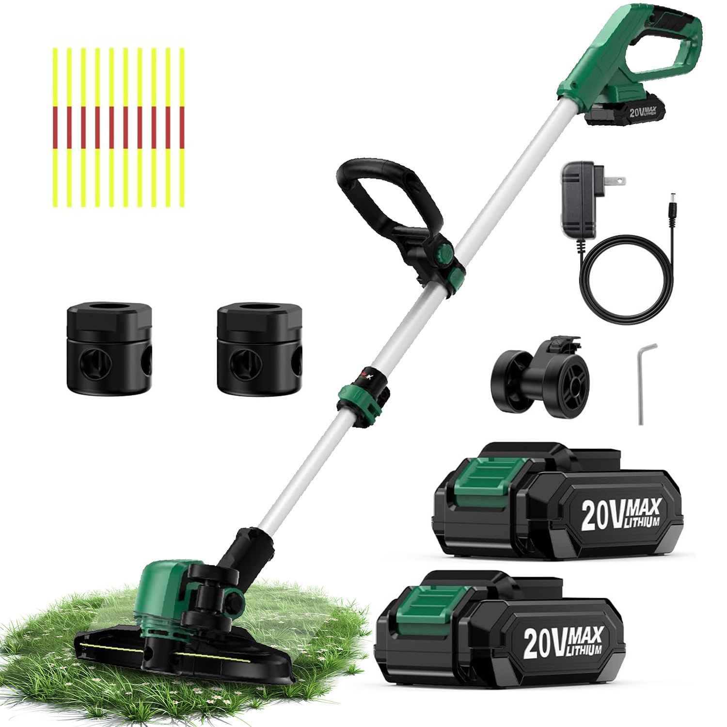 KIMO  20V Max Cordless String Trimmer and Edger Kit 12-in Weed Wacker with Wheels Includes 2 2.0Ah Lithium-Ion Batteries Charger and 10-Piece Dual-Sided Cutting Lines