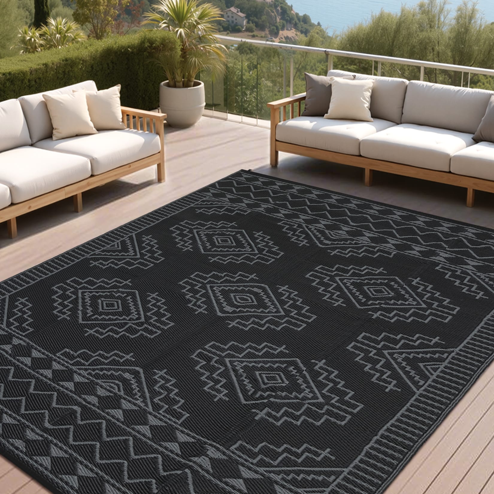 IdealHouse - Waterproof Reversible Outdoor Rug Geometric Plastic Straw Mat UV and Weather Resista...