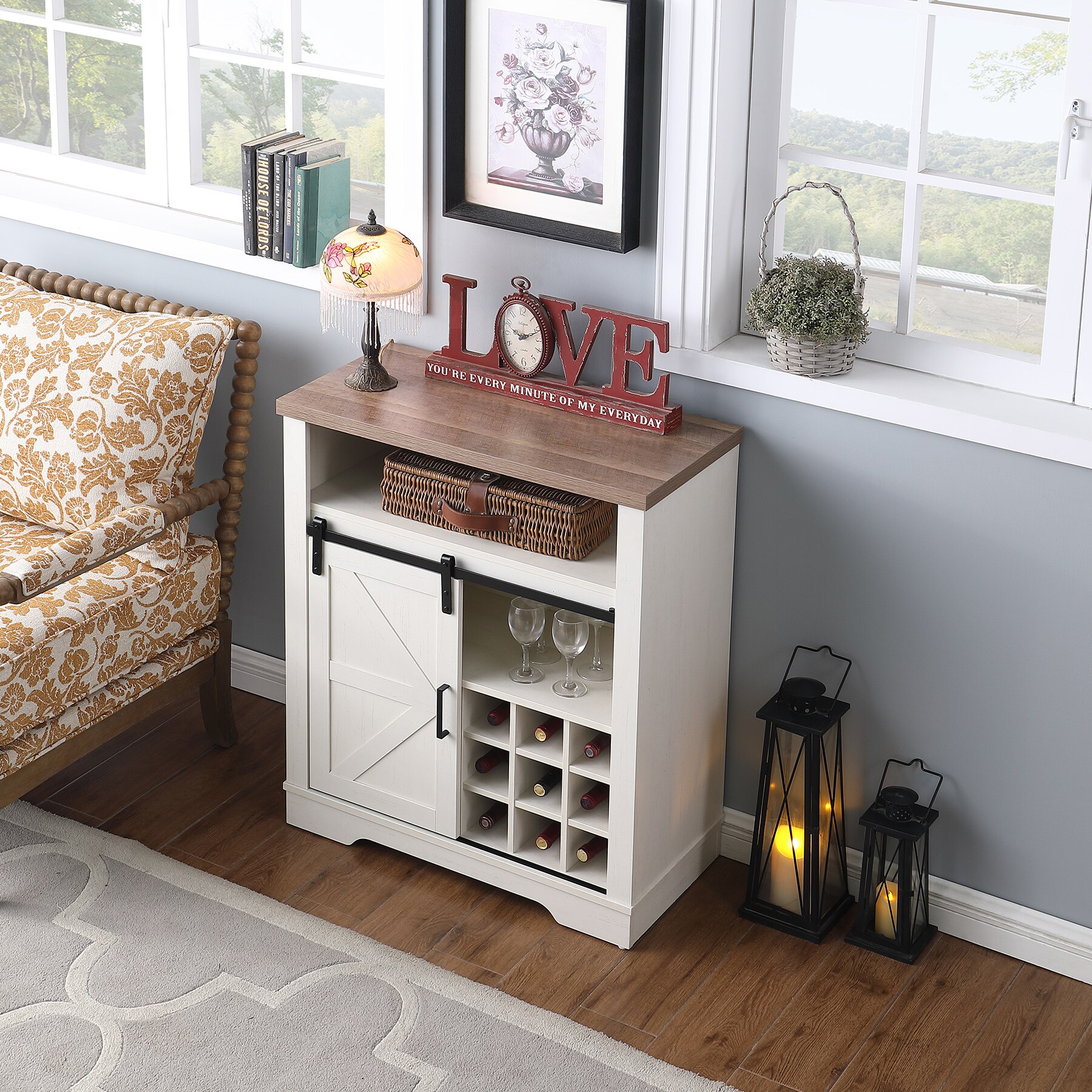 Huluwat Farmhouse Storage Cabinet with Sliding Barn Door Wine Shelf ...