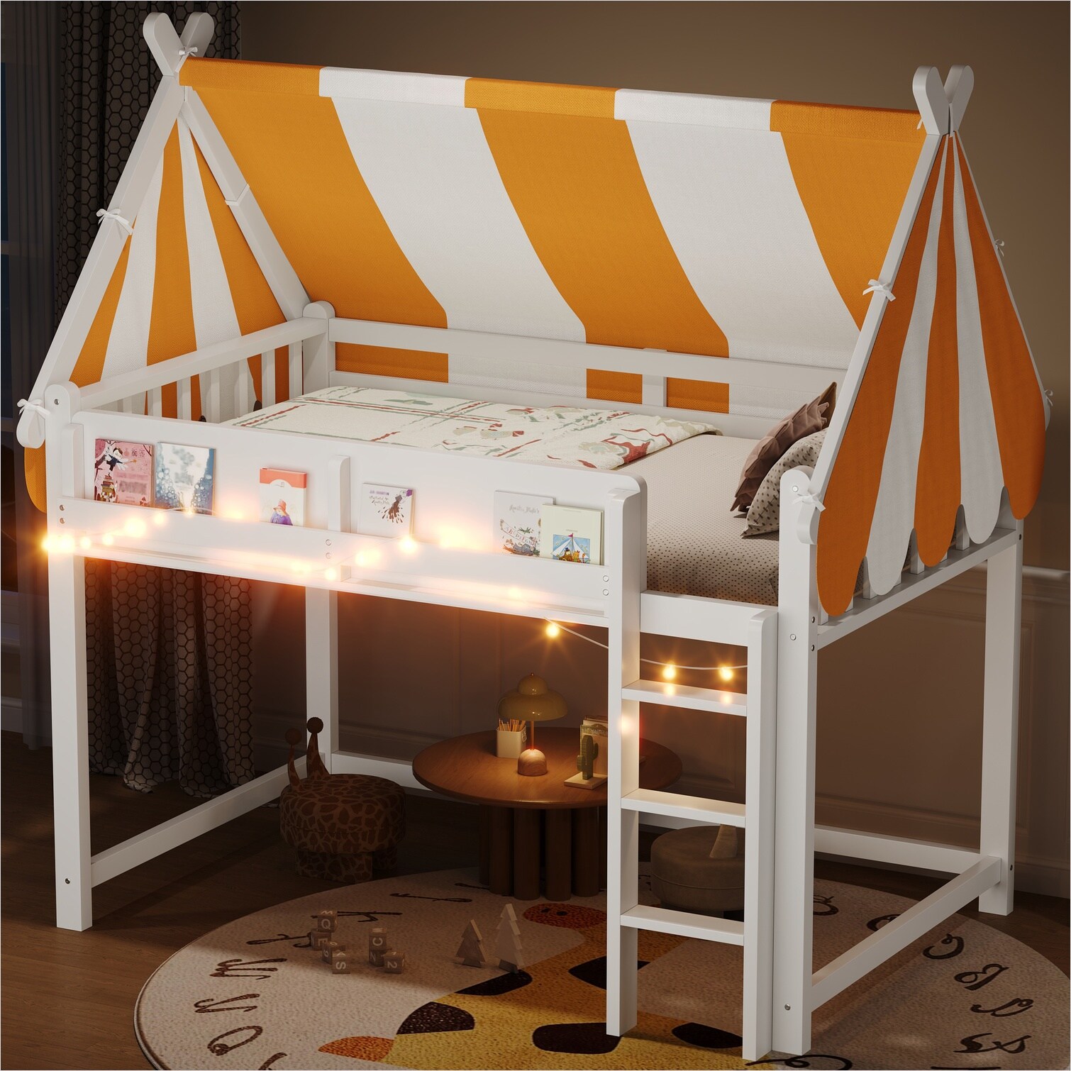 Naturefalls Solid Wood Full Loft Bed with Canopy and LED Lights Clean ...