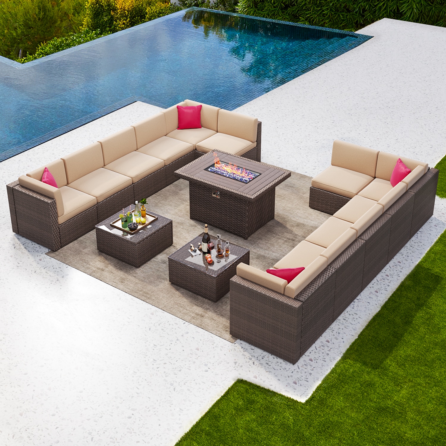 AOXUN G12035BRAACAAC+G2500 15 -Piece Rattan Patio Sofa Conversation Set with Brown Aoxun Cushions