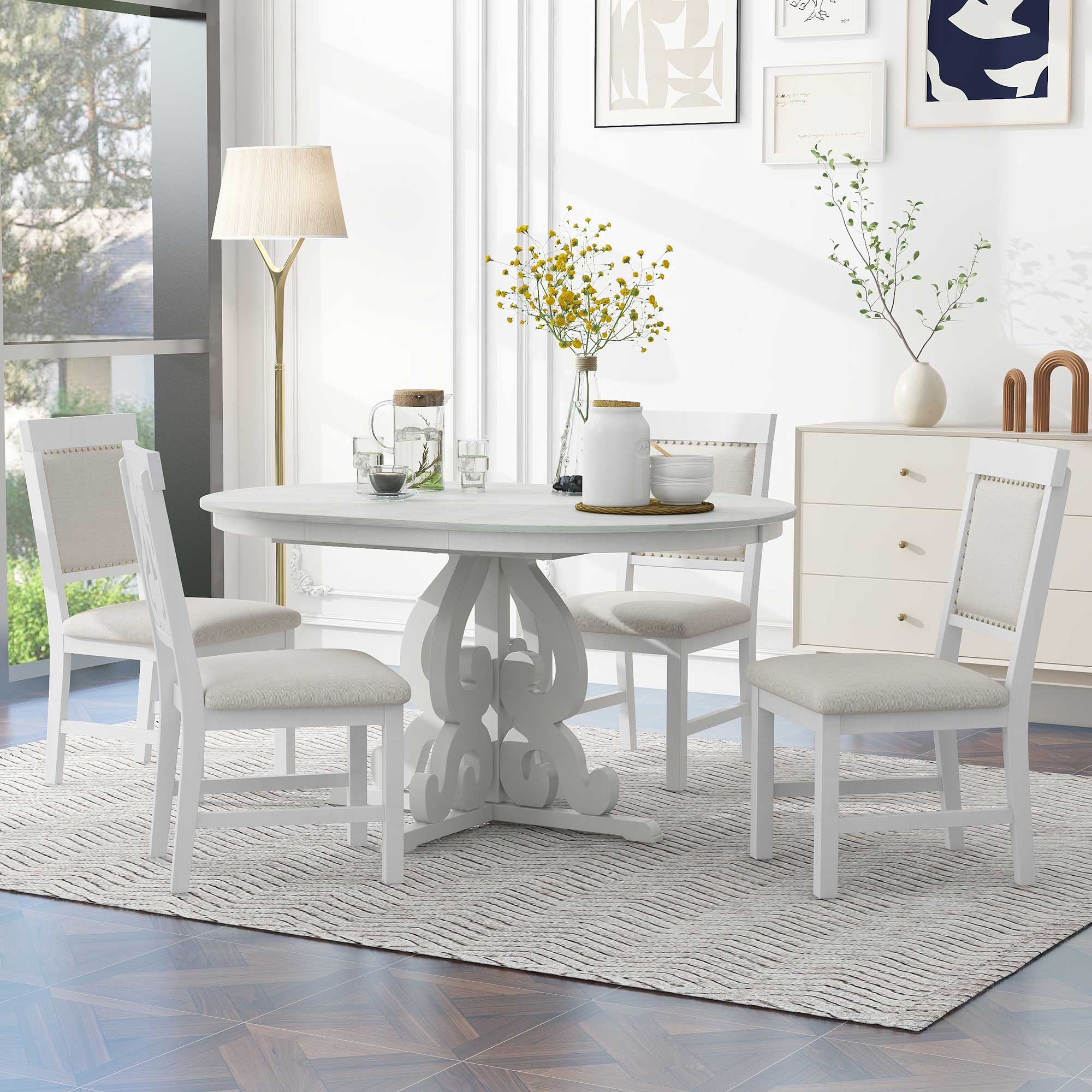 ModernLuxe ST000114AAK 5Piece Retro Functional Dining Set 1 Extendable Table with a 16inch Leaf and 4 Upholstered Chairs for Dining Room and Kitchen Antique White