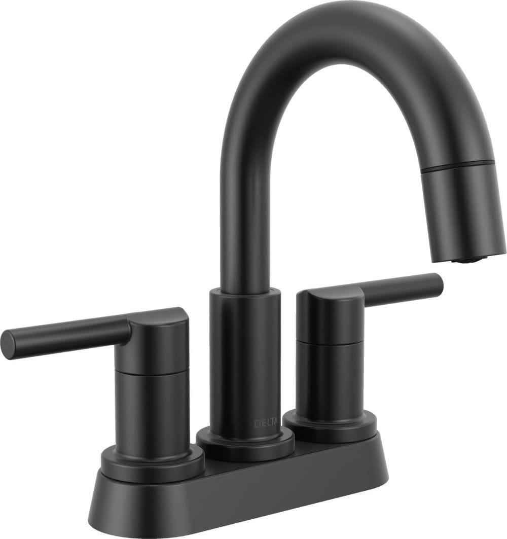 Delta 25749LF-BLPD Nicoli Matte Black 4-in centerset 2-handle WaterSense Mid-arc Residential Handle Pull-down Bathroom Sink Faucet with Drain