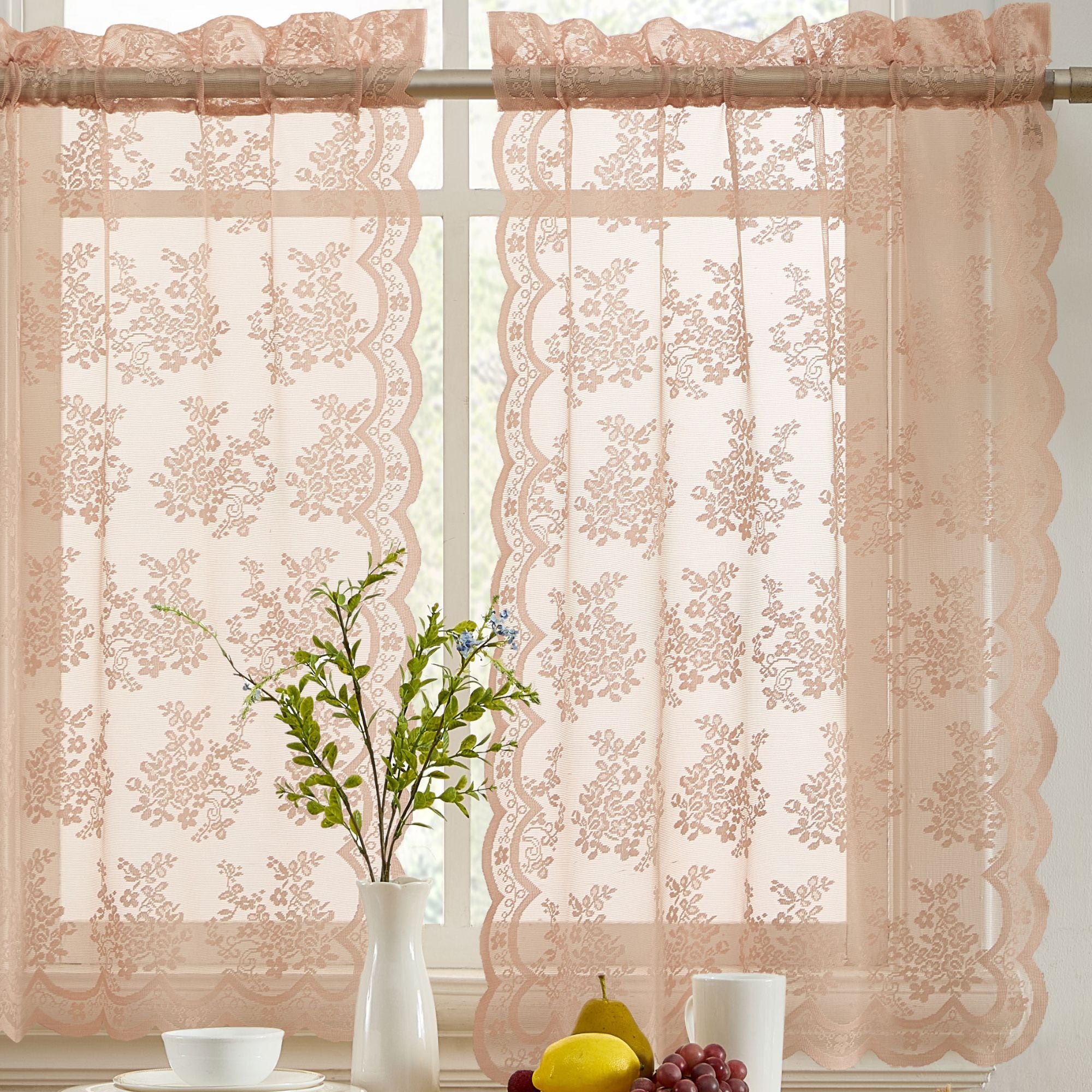 HLC.me JLN-36-BLSH Jolene Floral Rod Pocket Lace Sheer Short Cafe Tiers Small Windows - Set of 2