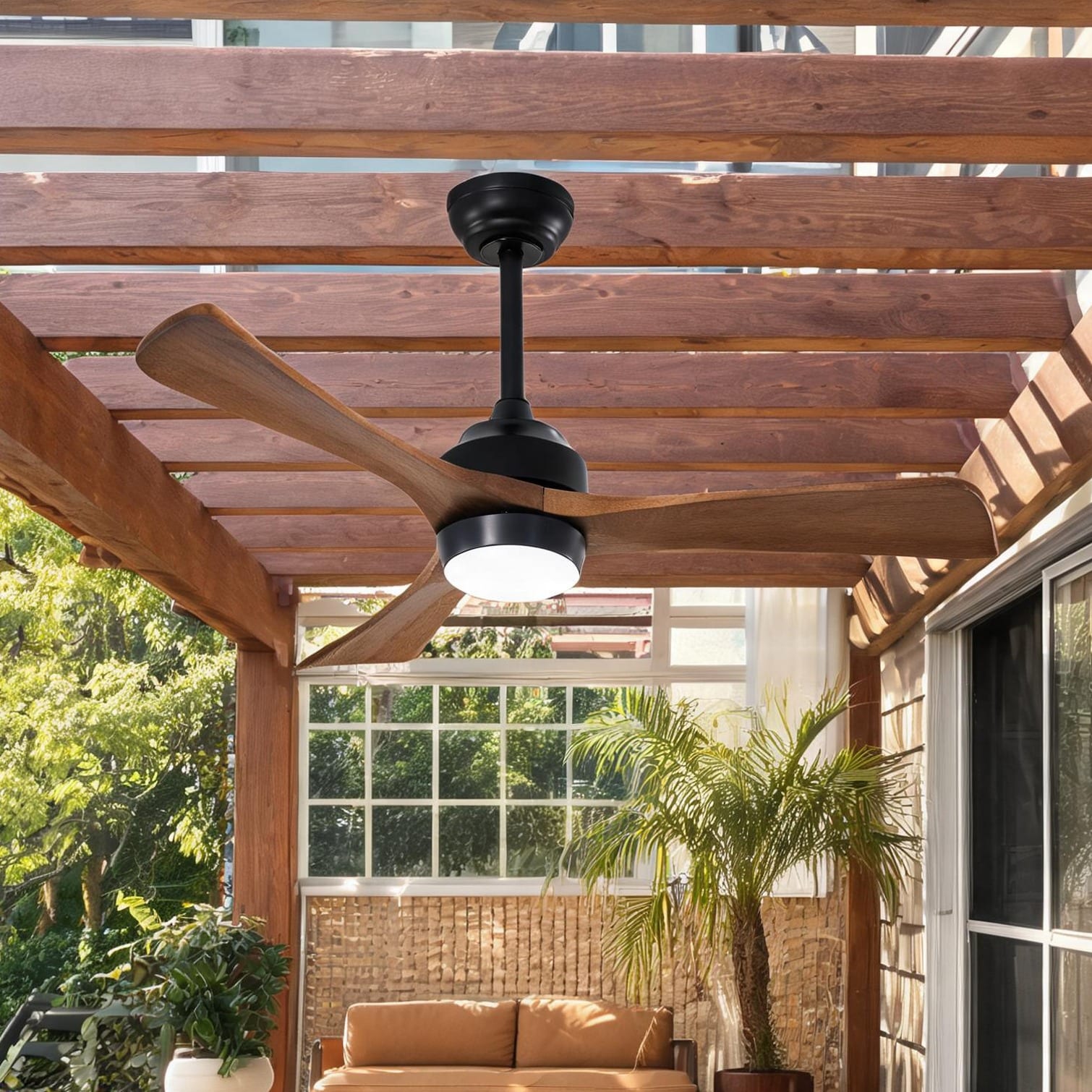 Watnature - Black-toned Metal and Wood 42-Inch Ceiling Fan with Light and Remote for Indoor Space...