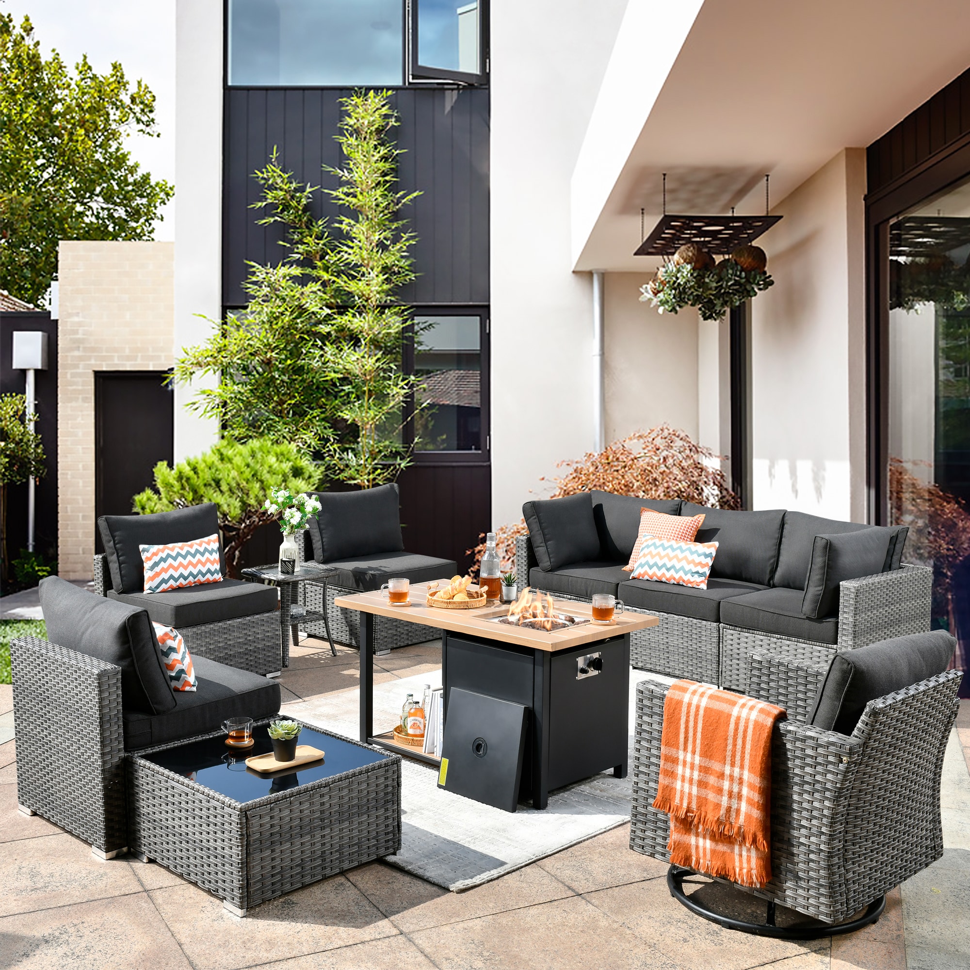 XIZZI XIHOPS105-RC1DFP Sunrise 10 -Piece Rattan Patio Sofa Conversation Set with Black Cushions