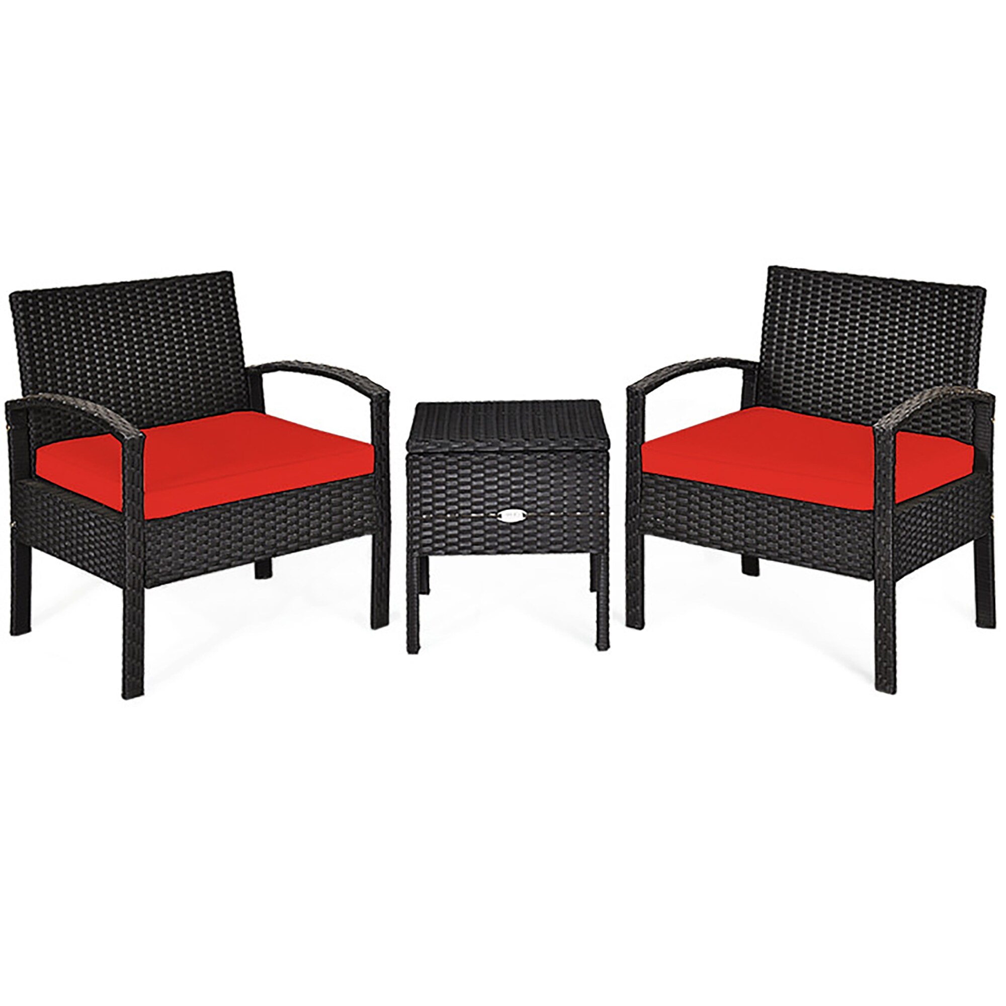 Red Cushioned Black Rattan 2-Person Patio Conversation Set