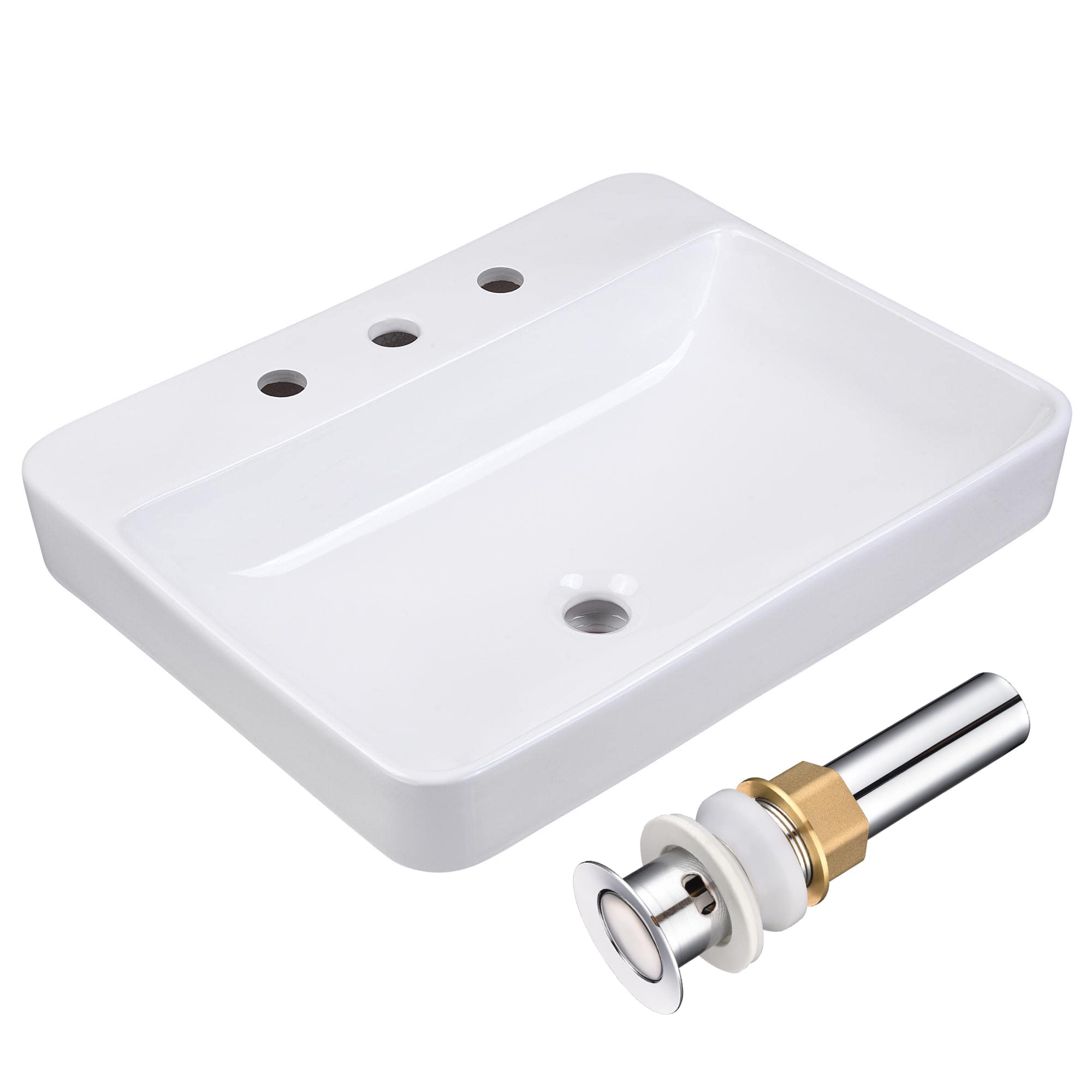 Yescom 80PSK023-8431-07-LO 23 inch Rectangle Bathroom Vessel Sink Drop in Ceramic Semi Recessed Basin with Pop up Drain