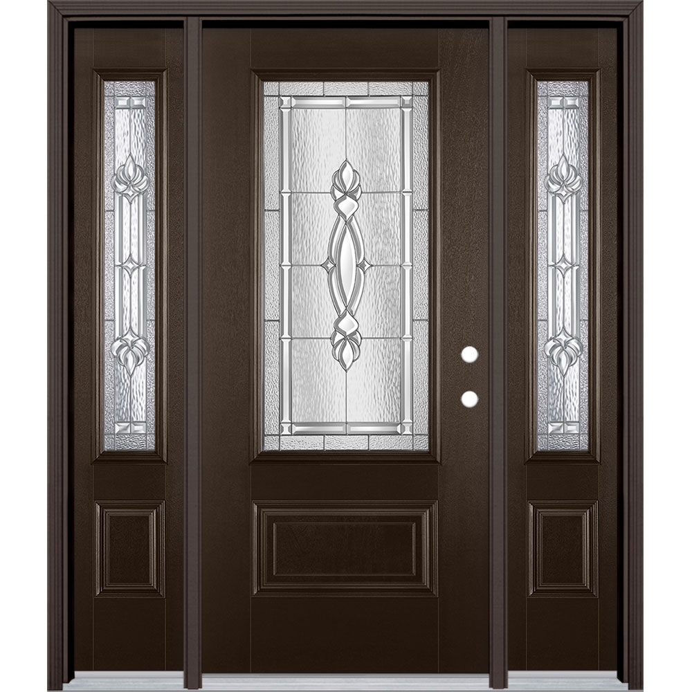 Masonite 3421671 Panama 60-in x 80-in x 4-9/16-in Fiberglass 3/4 lite Left-hand inswing Walnut Stained Prehung Single door with sidelights Front Door with Brickmould Insulating core Decorative glass