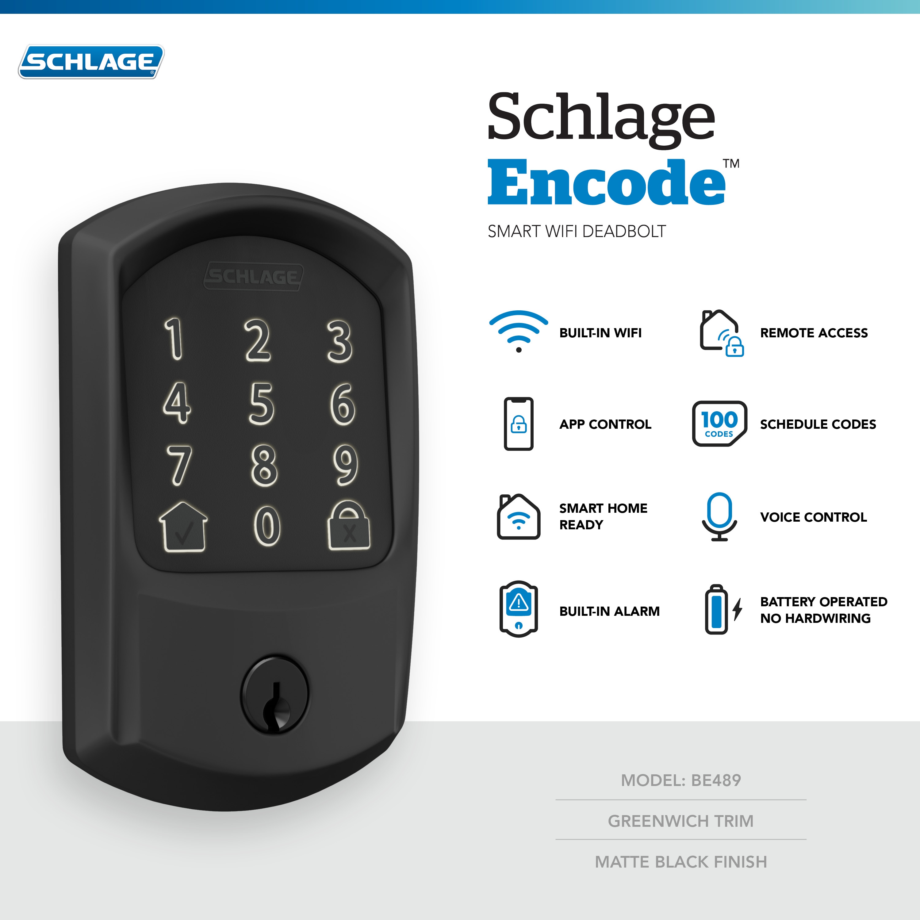 Schlage Encode Greenwich Matte Black Smart Lock Electronic Deadbolt with Wifi Bluetooth Touchscreen Keypad BE489WB V GRW 622 Sansujyuku sansujyuku.com