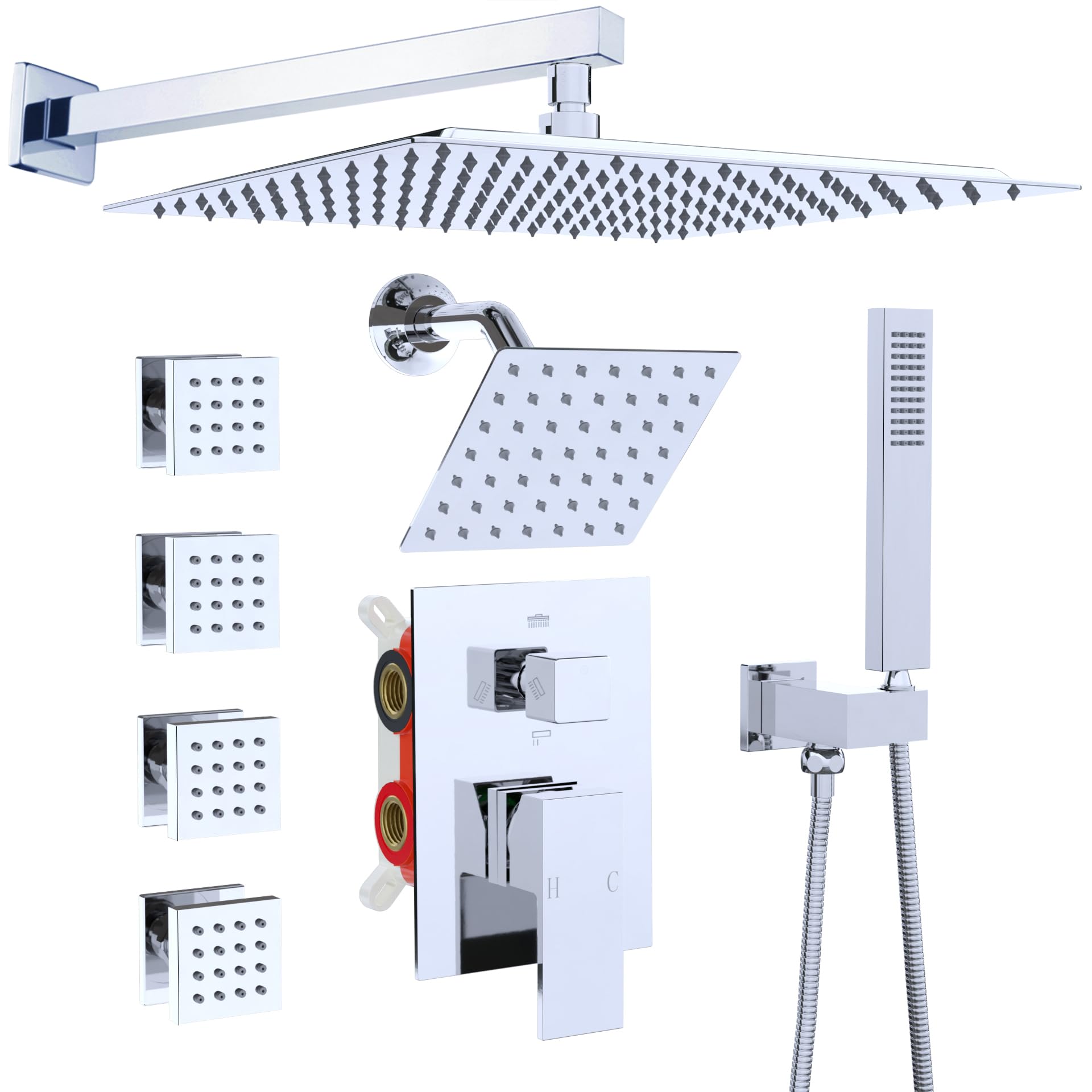ITOPFOX  Dual Shower Head System with Body Jets 12 inch and 6 inch Wall Mounted Rain Shower Faucet with Valve Kit Chrome Finish