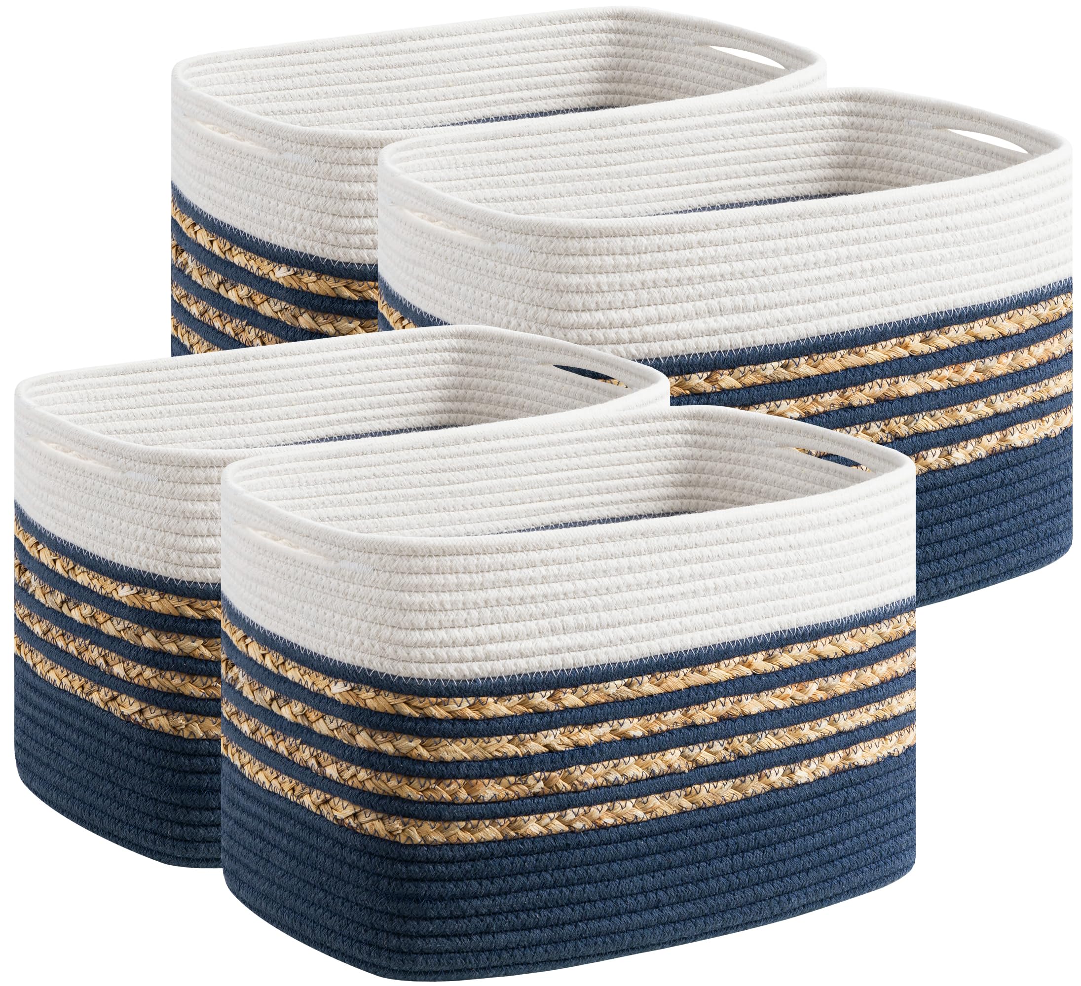 PIGFDK Navy Blue 4 pack Woven Cotton Rope Storage Baskets With Handles For Organizing Toys Towels And Home Decor